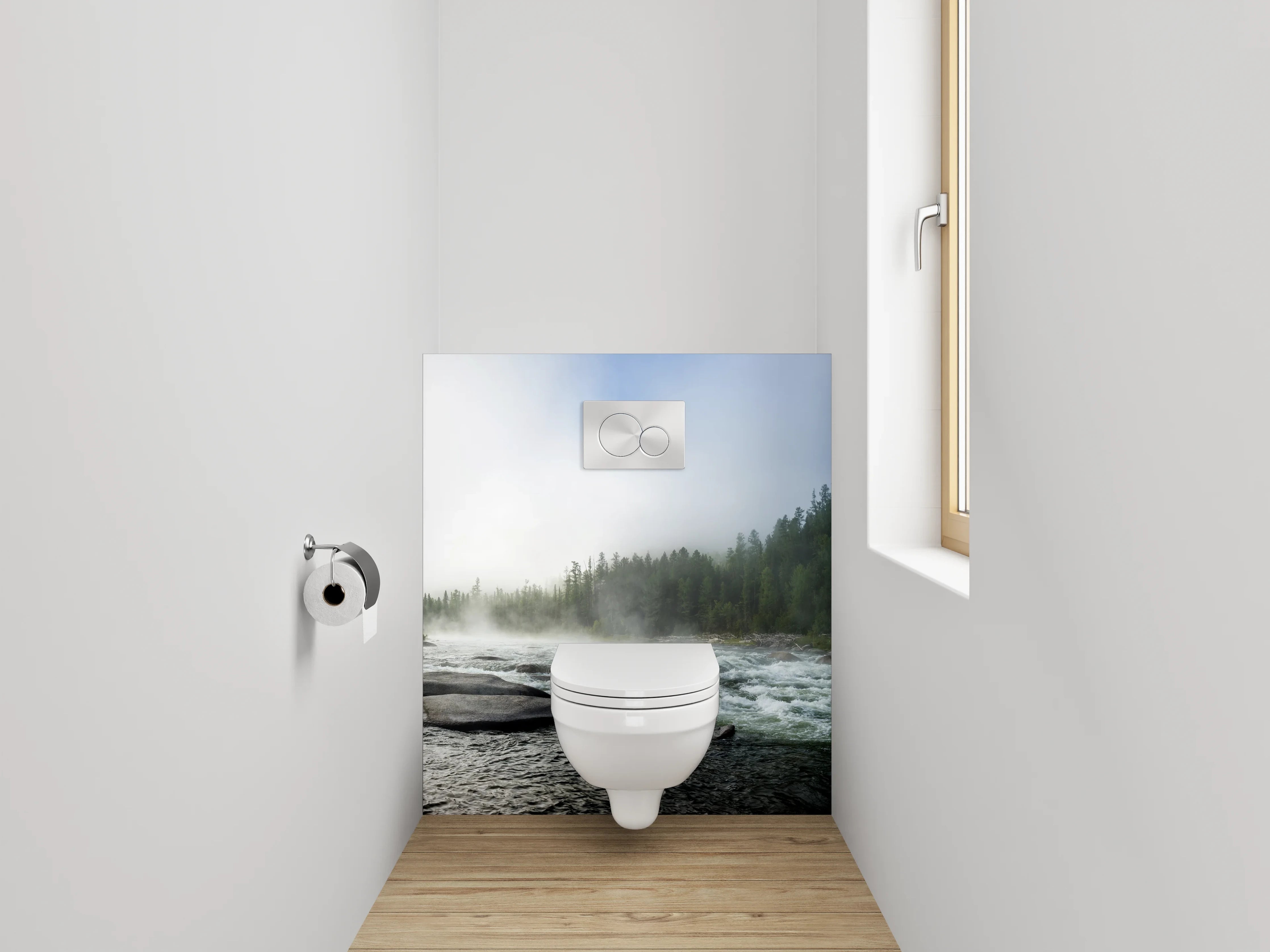 WC-Rückwand - Panorama Flusslandschaft Wald Nebel