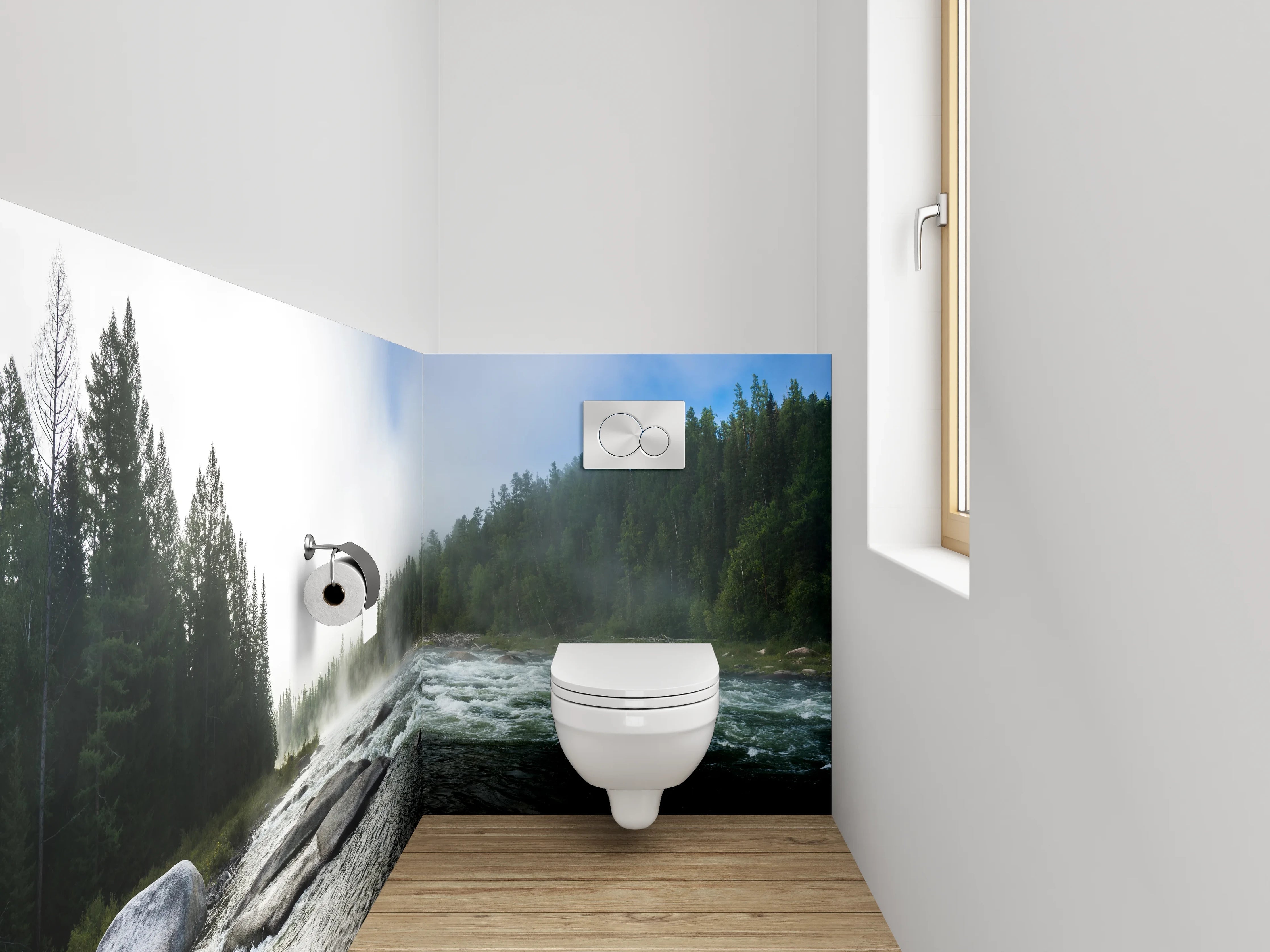 WC-Rückwand - Panorama Flusslandschaft Wald Nebel