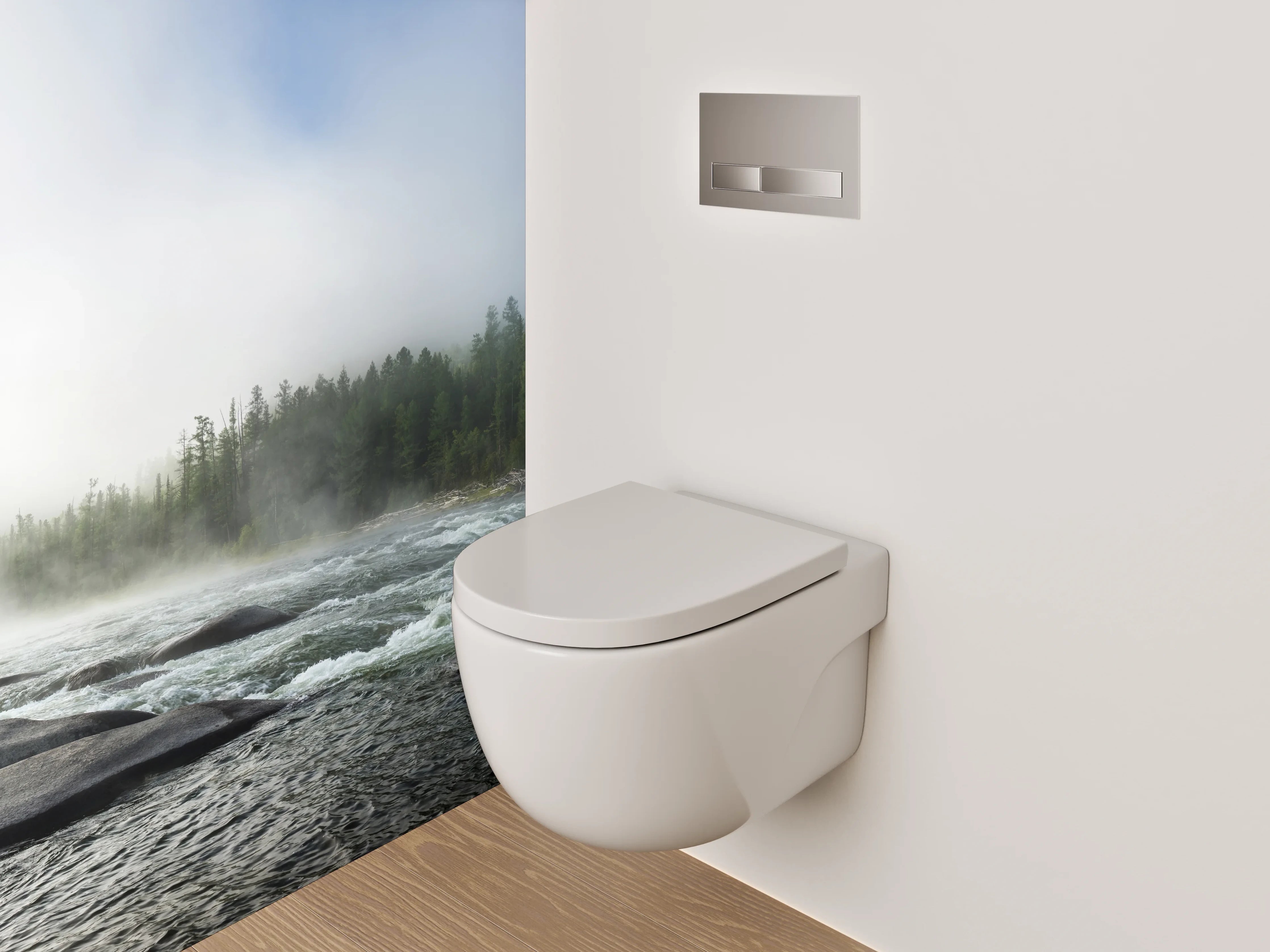 WC-Rückwand - Panorama Flusslandschaft Wald Nebel
