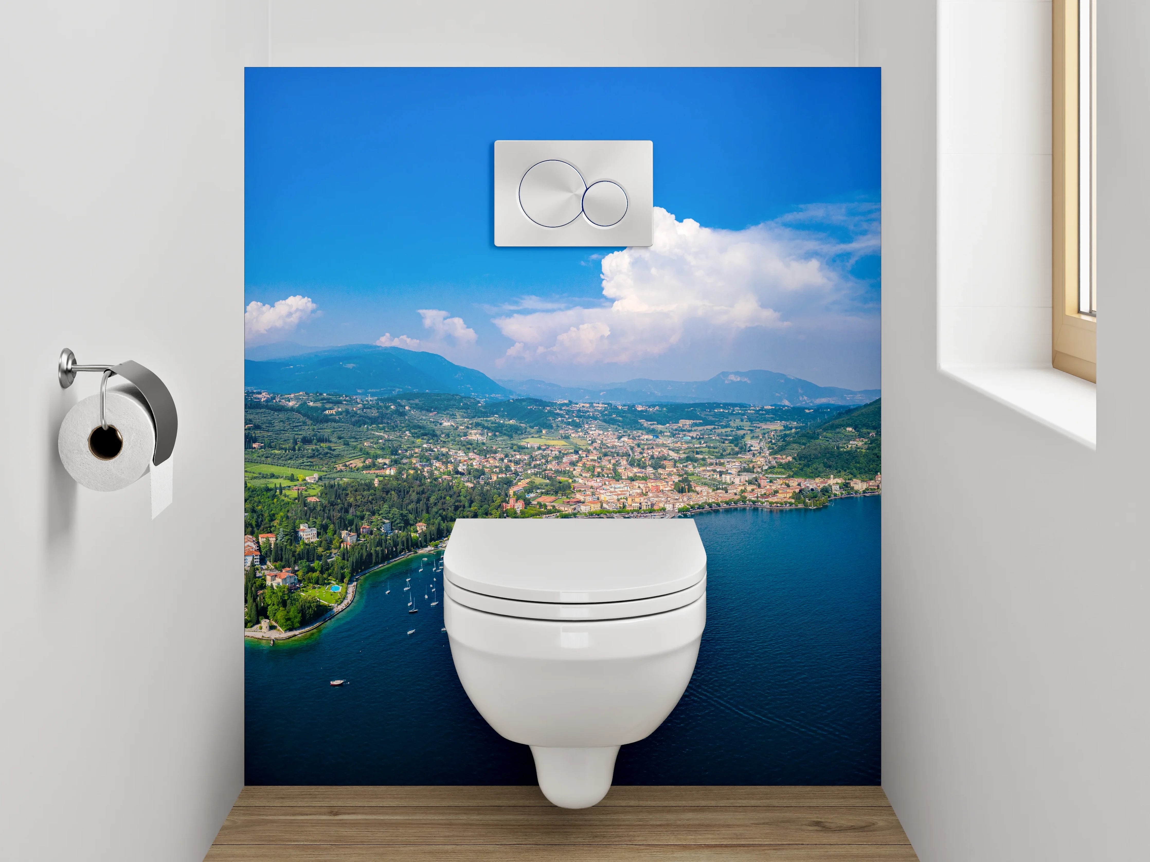 WC-Rückwand - Panorama Gardasee Küste Luftaufnahme