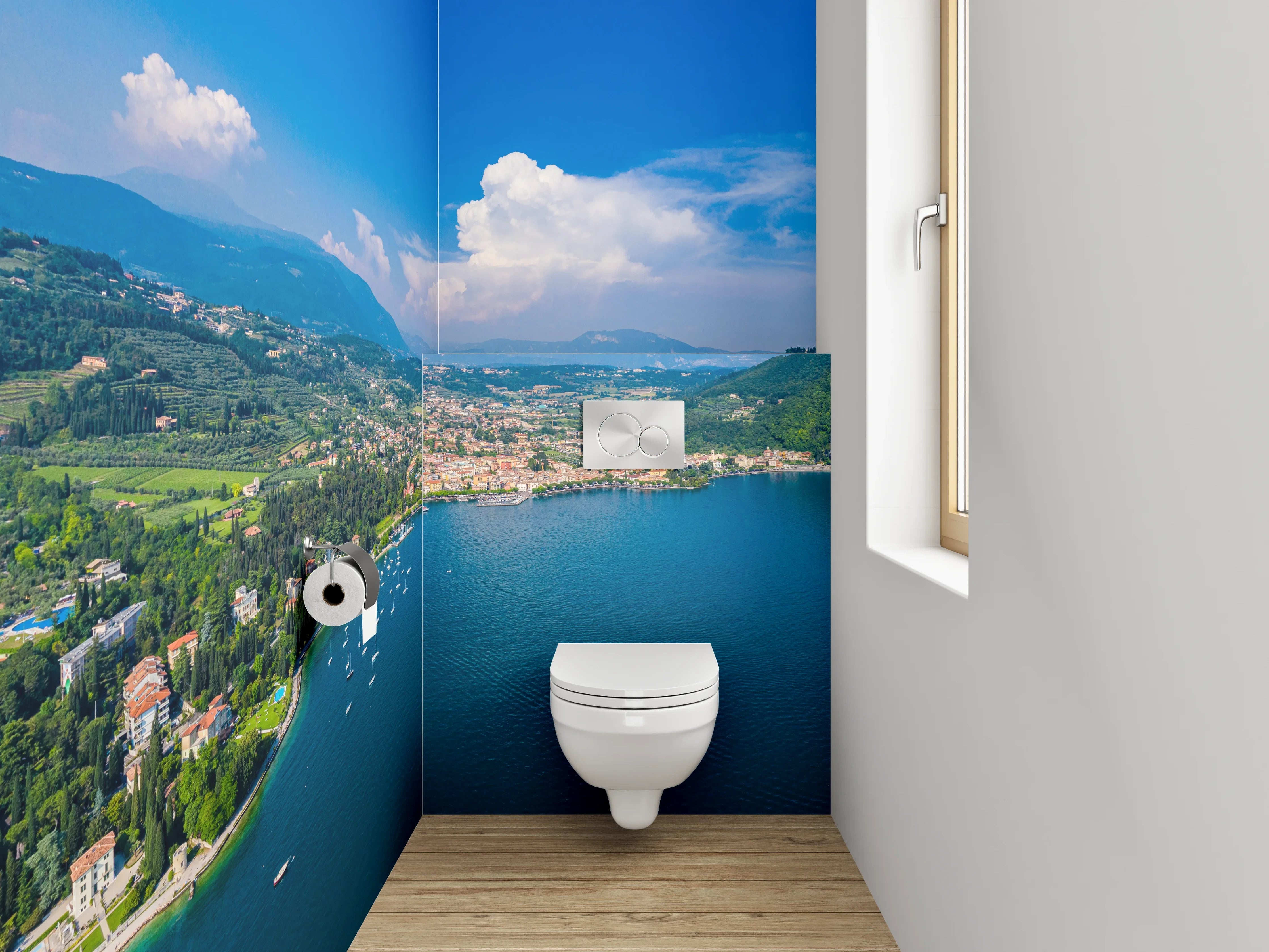 WC-Rückwand - Panorama Gardasee Küste Luftaufnahme