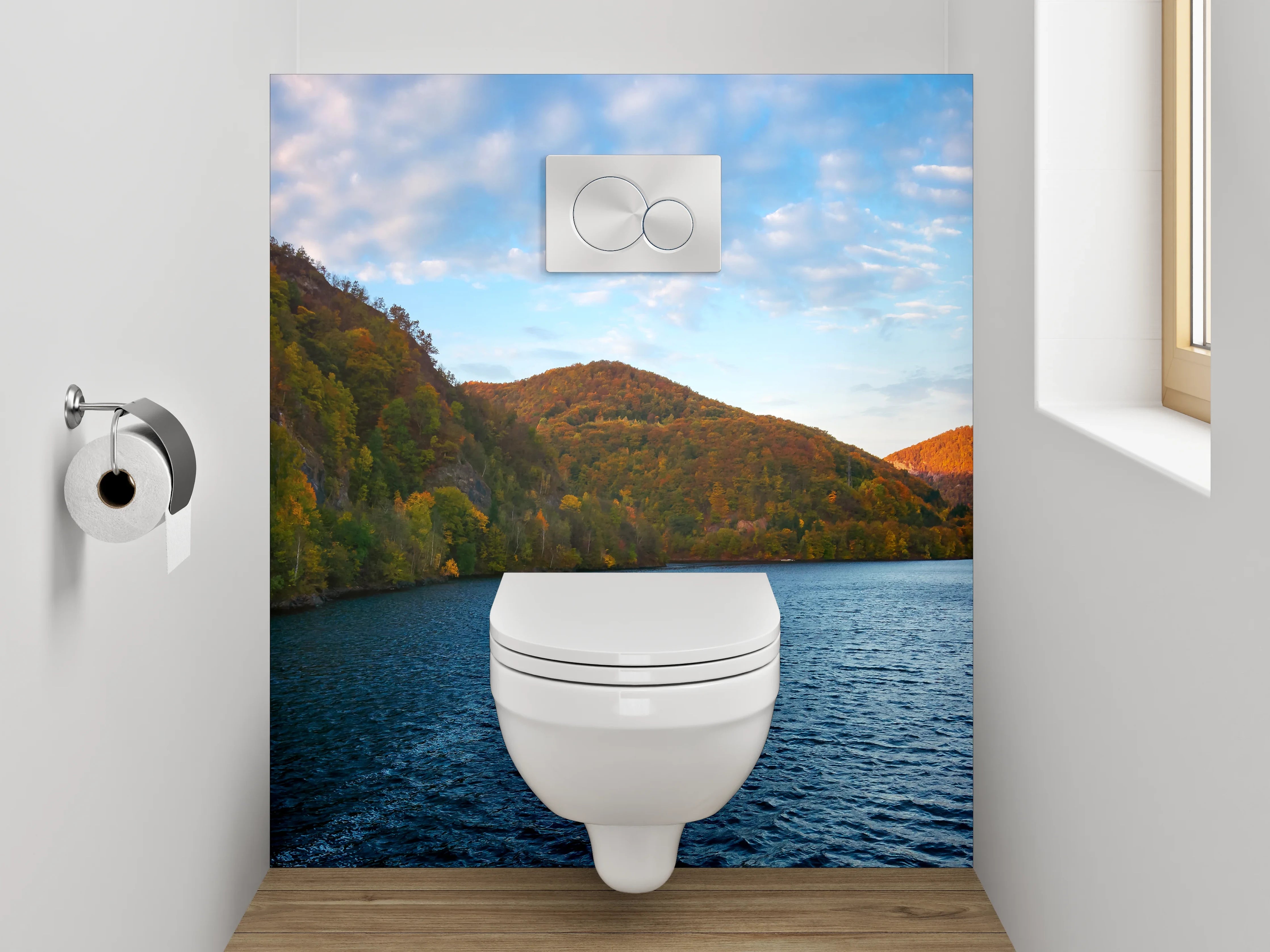 WC-Rückwand - Panorama-See mit Herbstwald