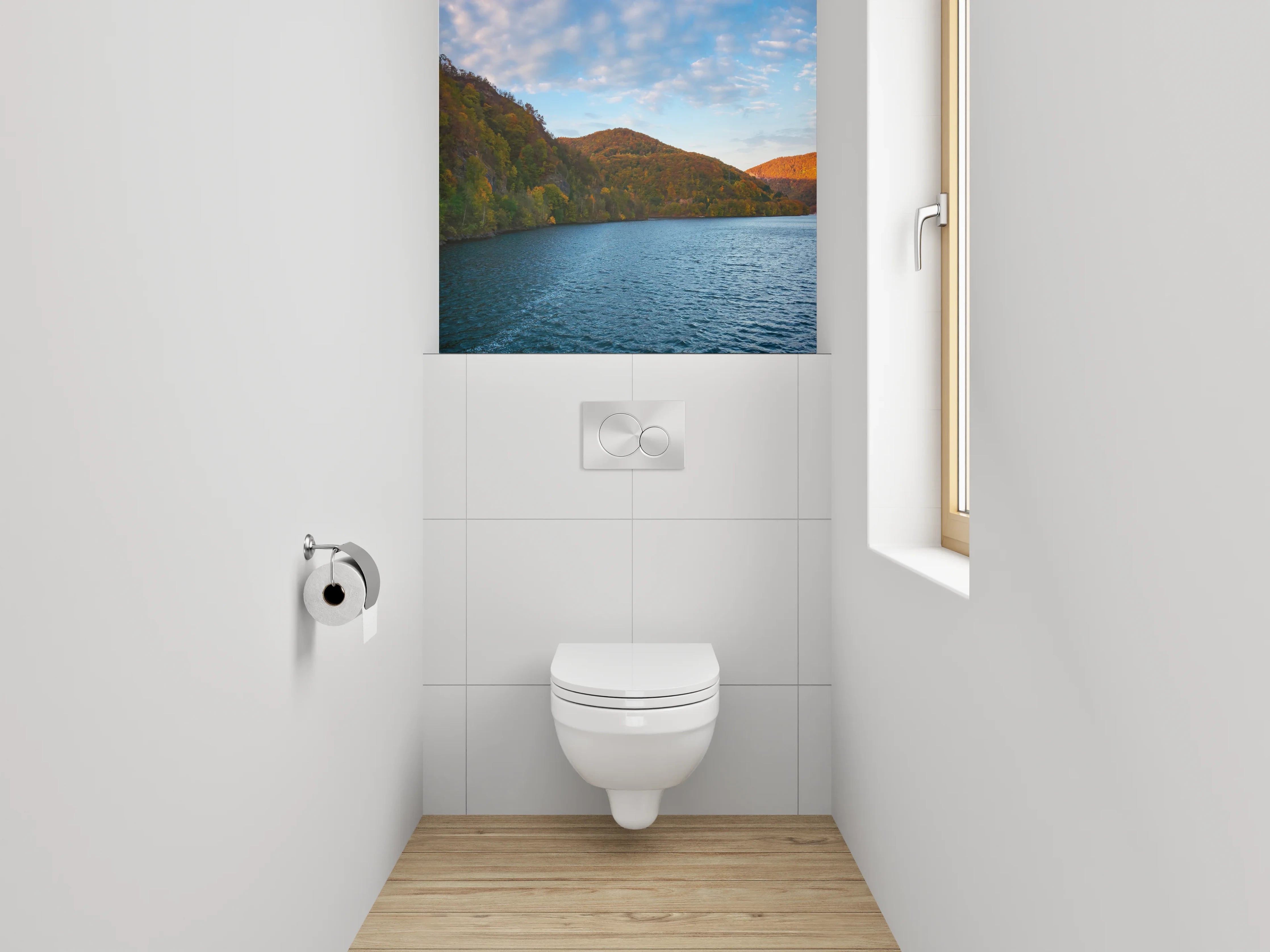 WC-Rückwand - Panorama-See mit Herbstwald