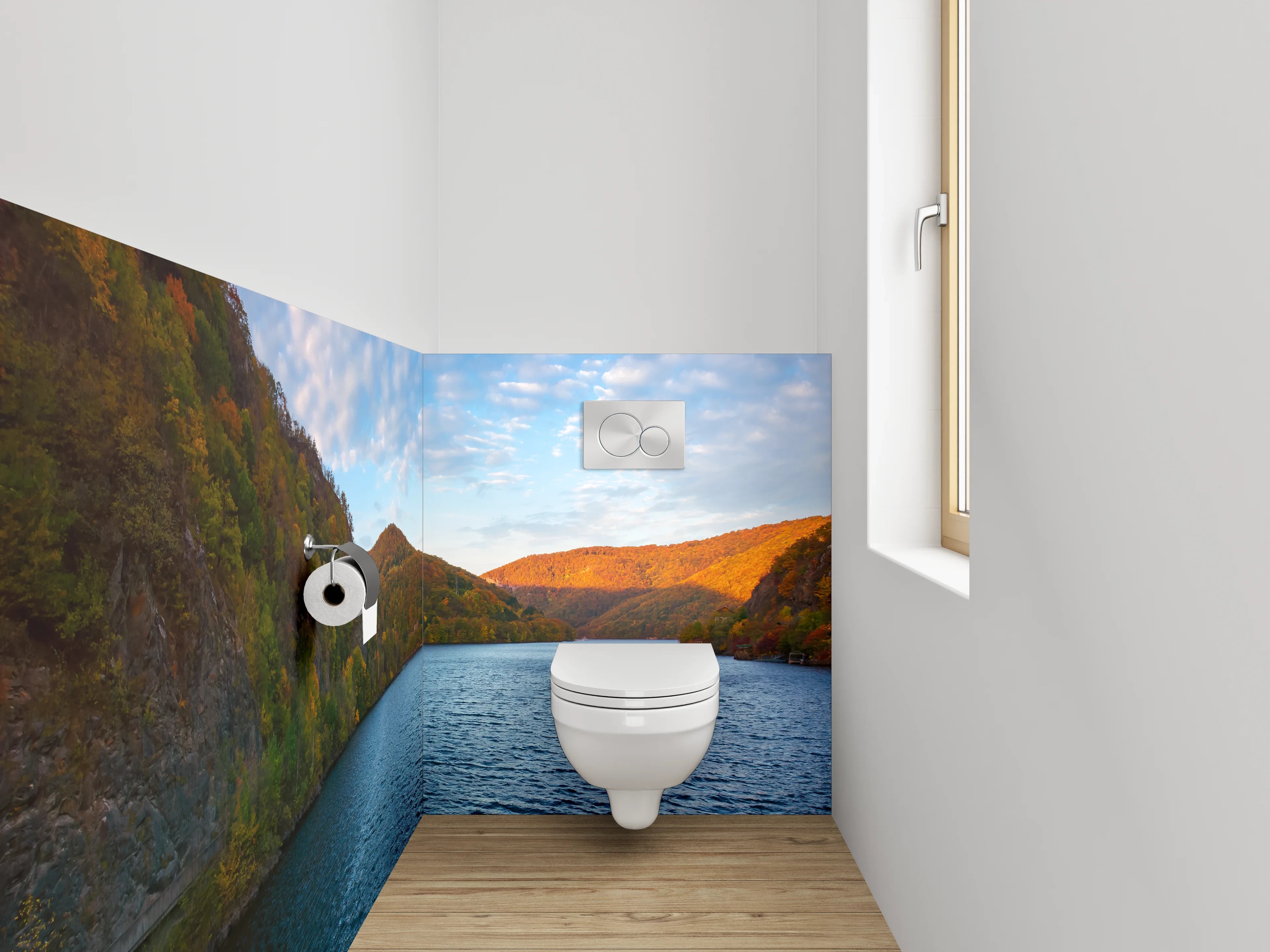 WC-Rückwand - Panorama-See mit Herbstwald