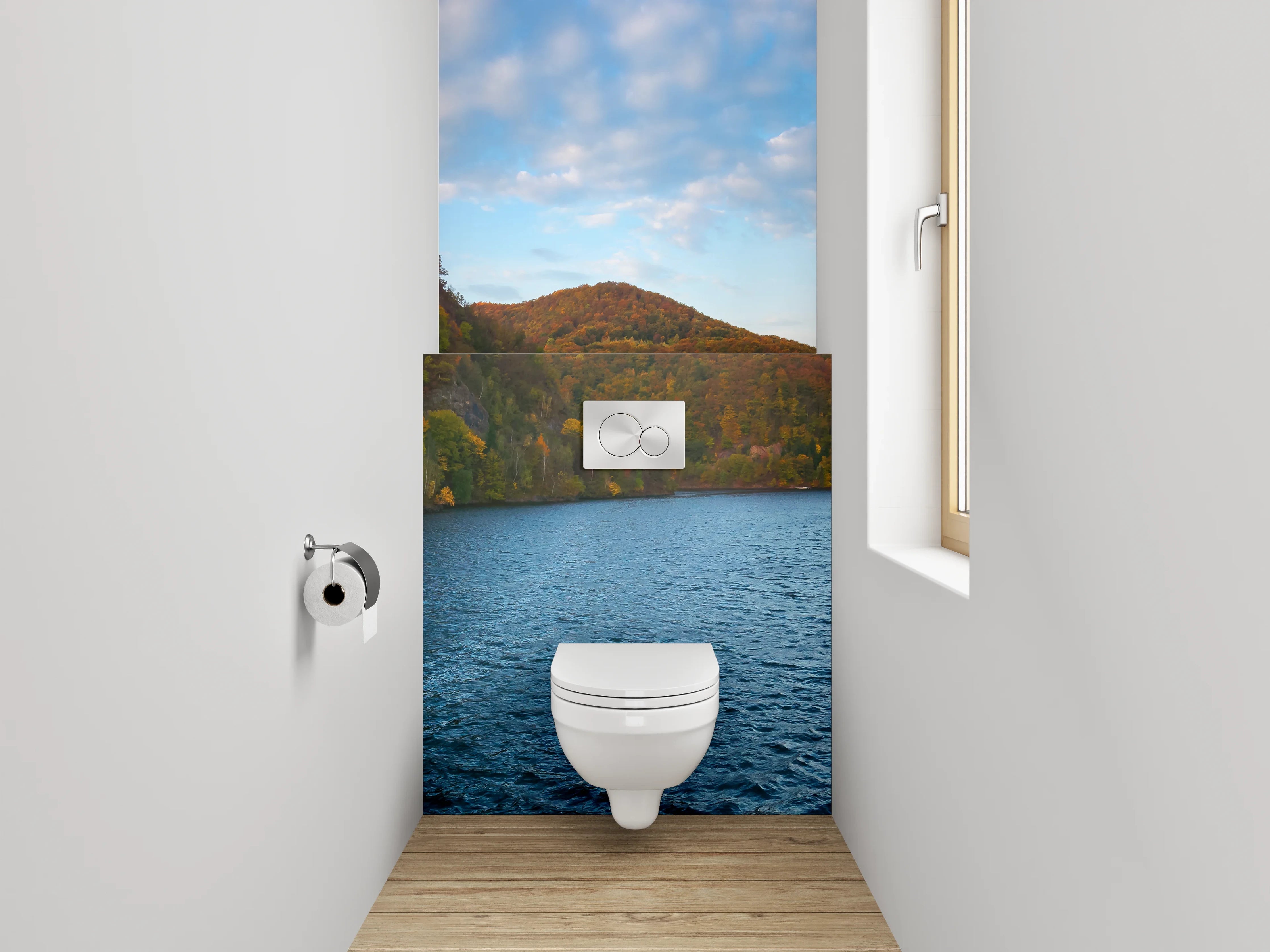 WC-Rückwand - Panorama-See mit Herbstwald