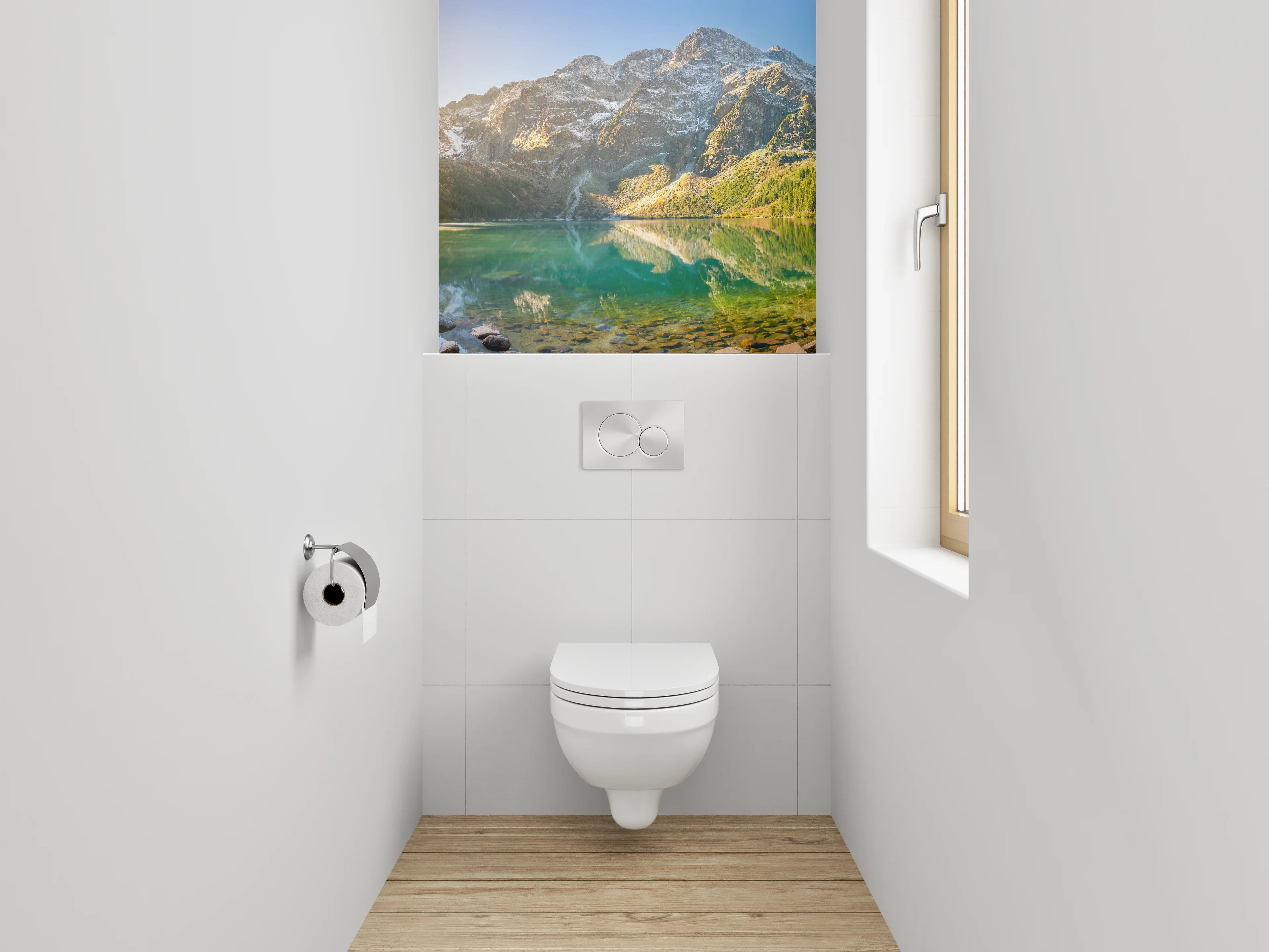 WC-Rückwand - Panorama See und Berge Sonnenaufgang
