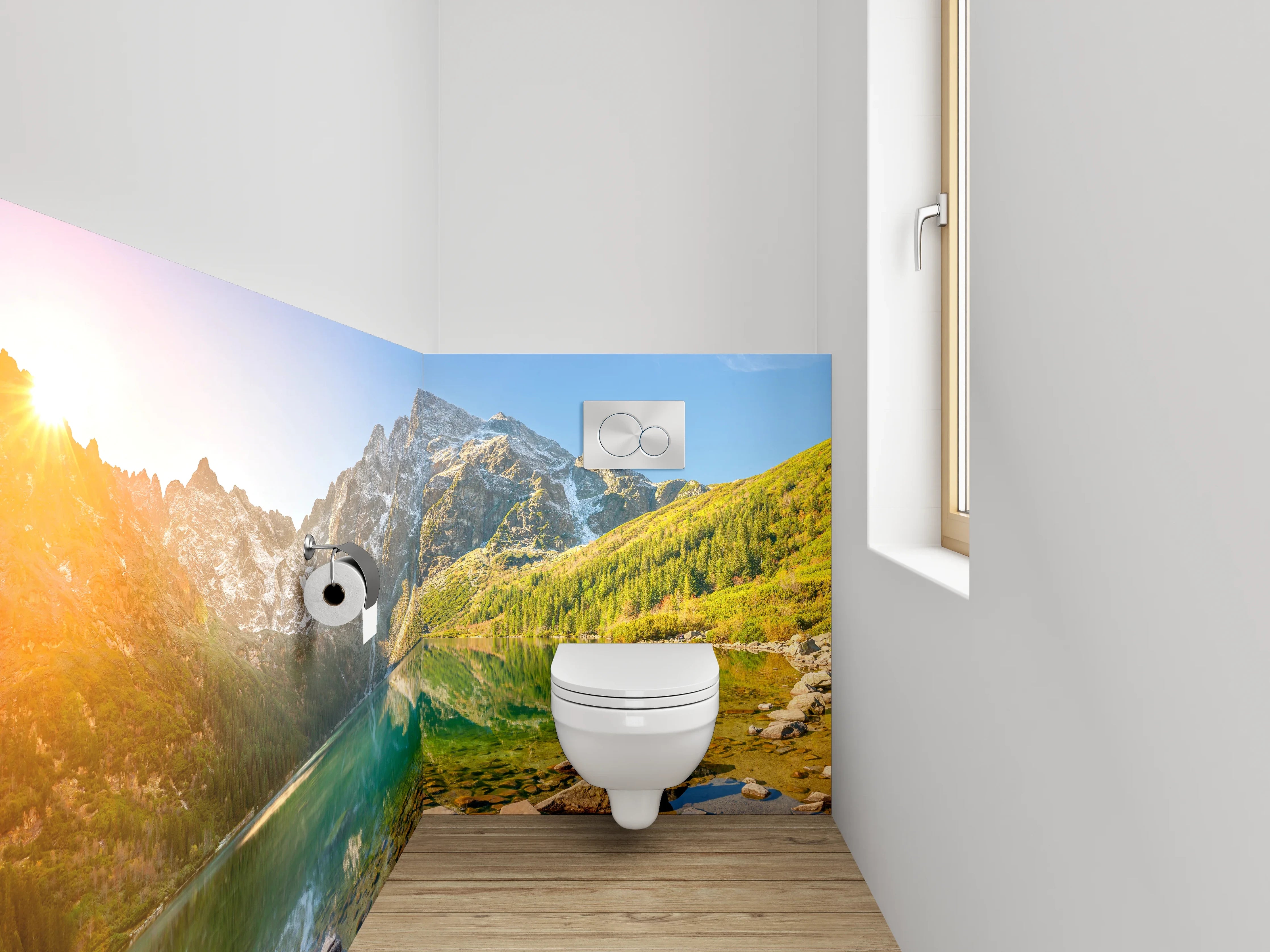 WC-Rückwand - Panorama See und Berge Sonnenaufgang