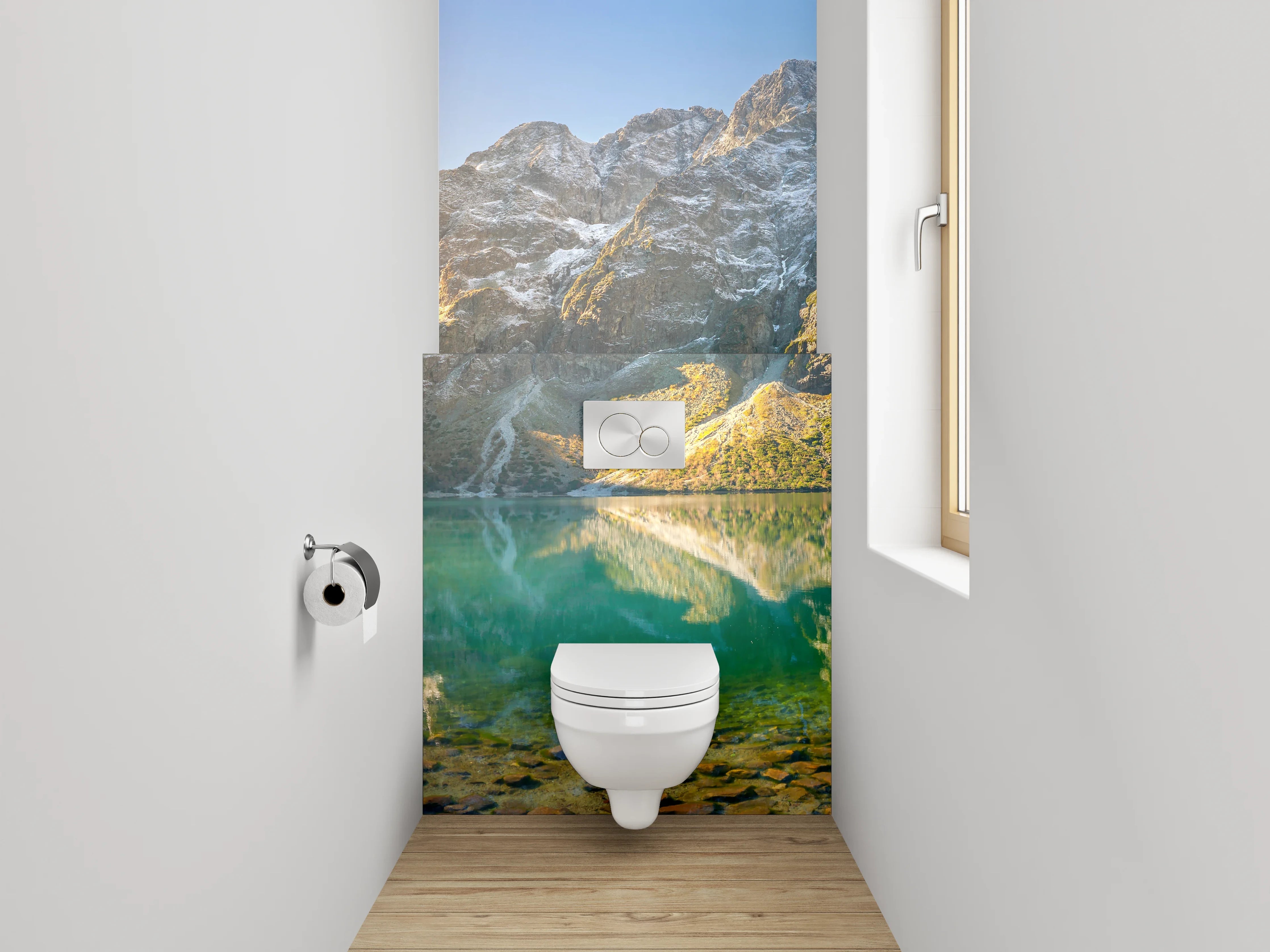 WC-Rückwand - Panorama See und Berge Sonnenaufgang