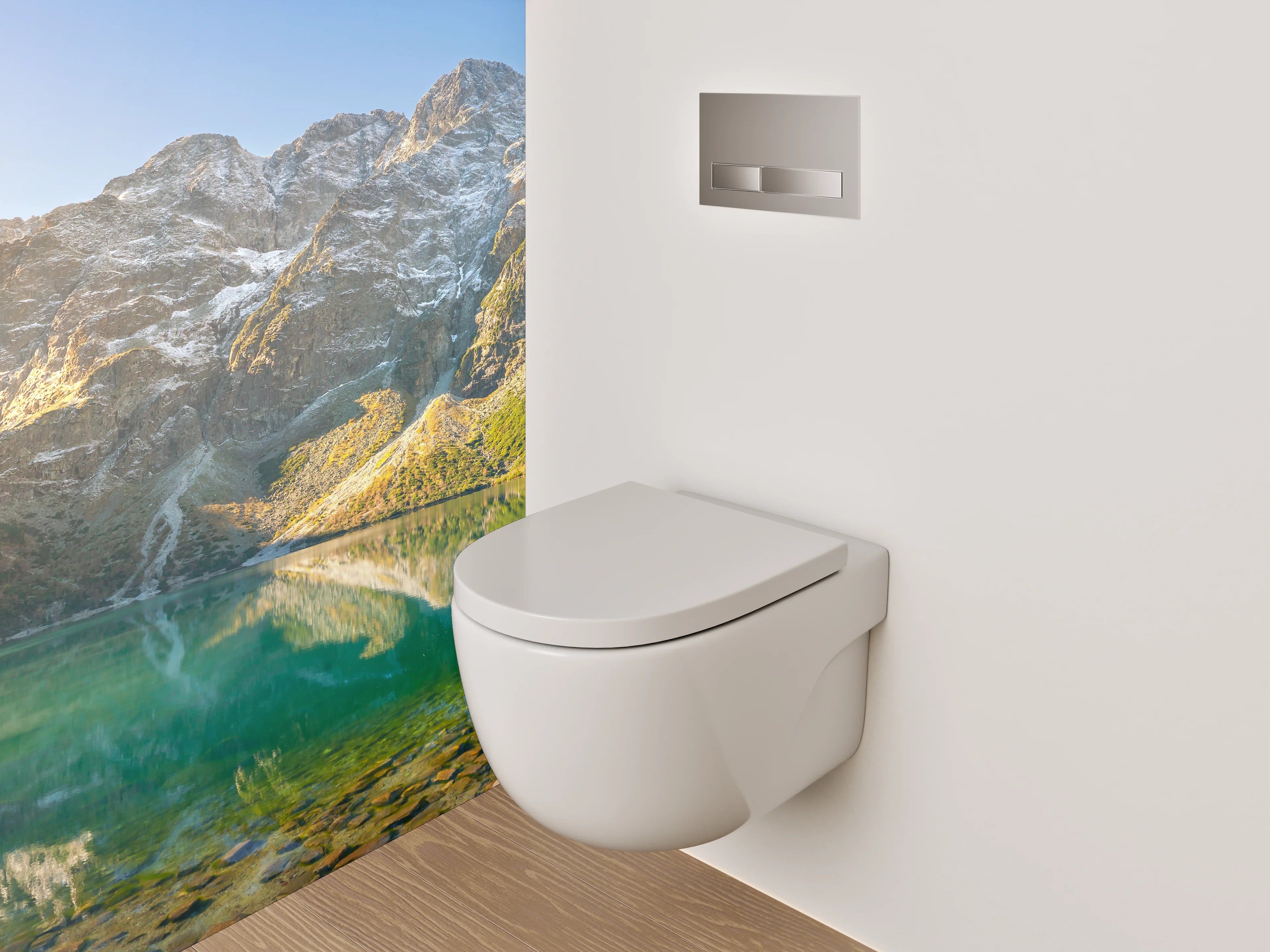WC-Rückwand - Panorama See und Berge Sonnenaufgang