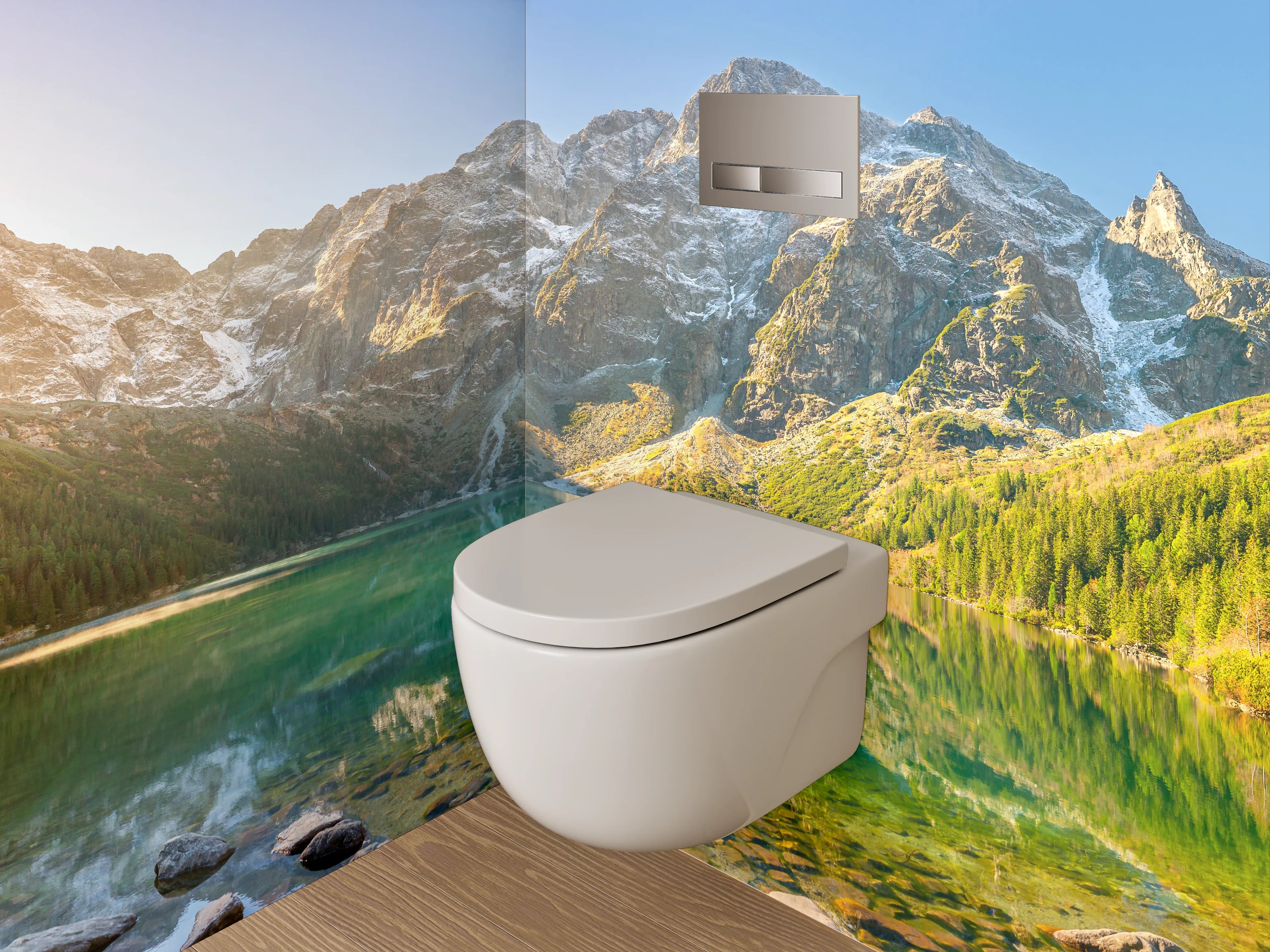 WC-Rückwand - Panorama See und Berge Sonnenaufgang