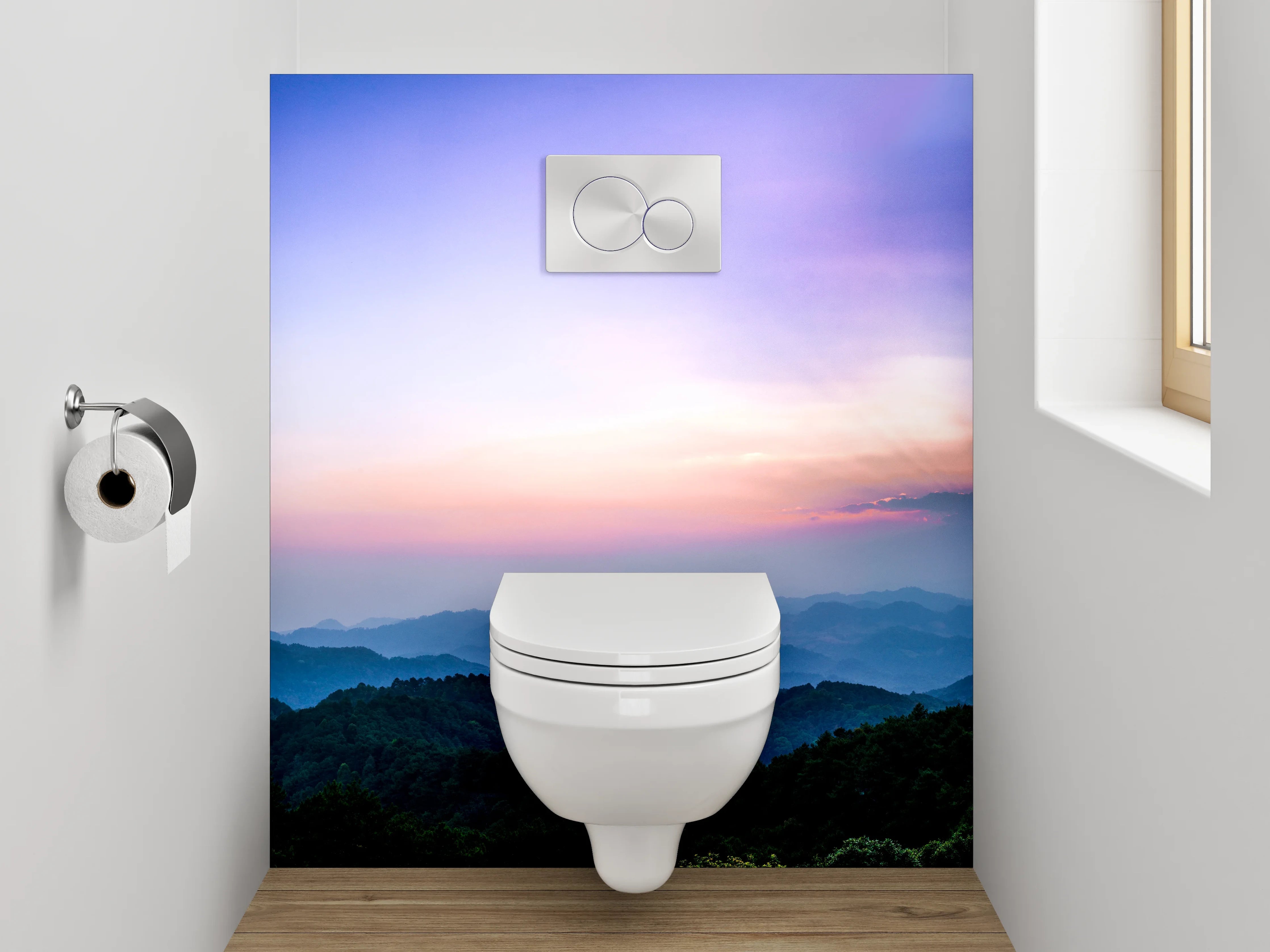 WC-Rückwand - Panorama Sonnenaufgang über Berglandschaft