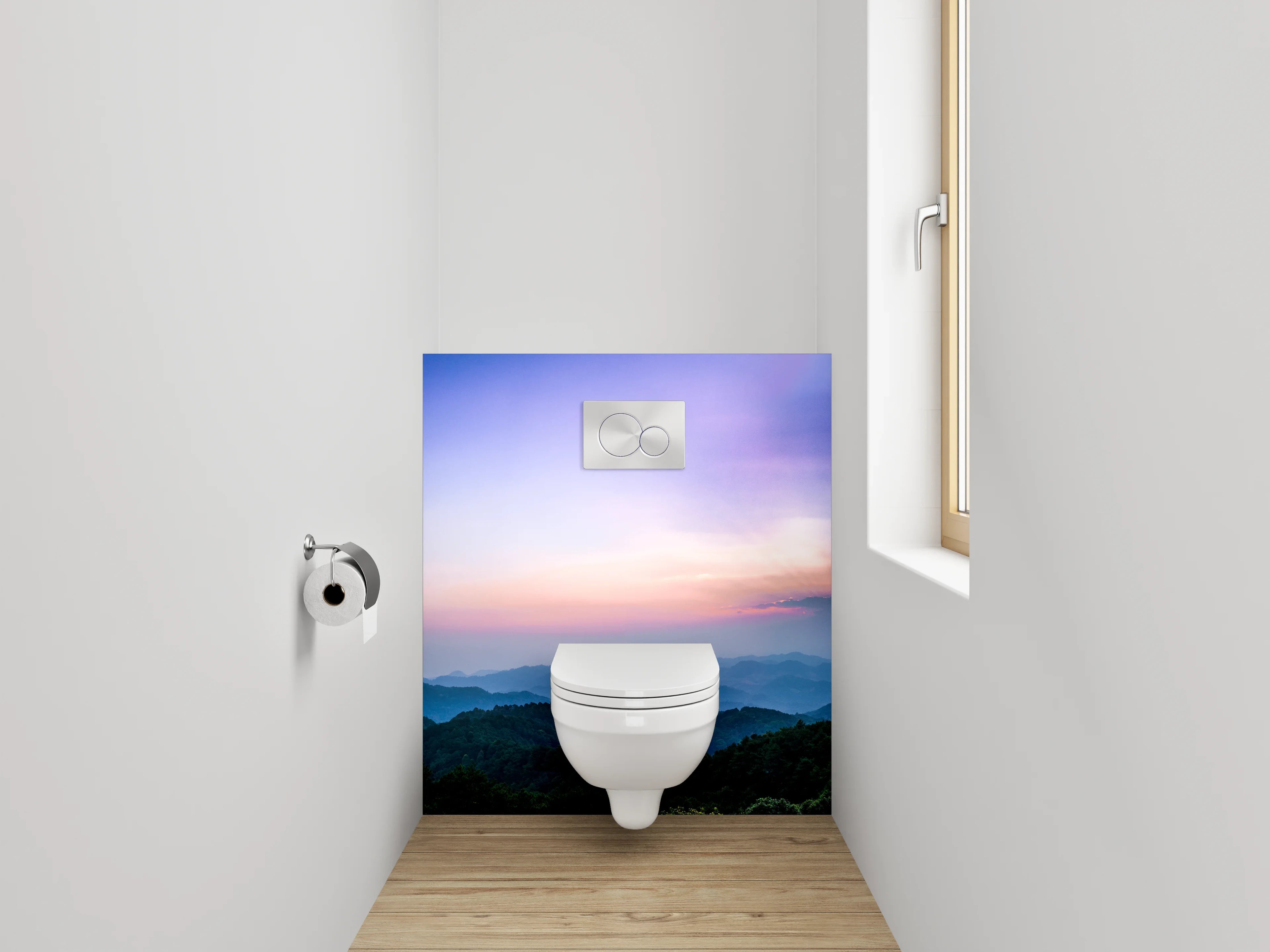 WC-Rückwand - Panorama Sonnenaufgang über Berglandschaft