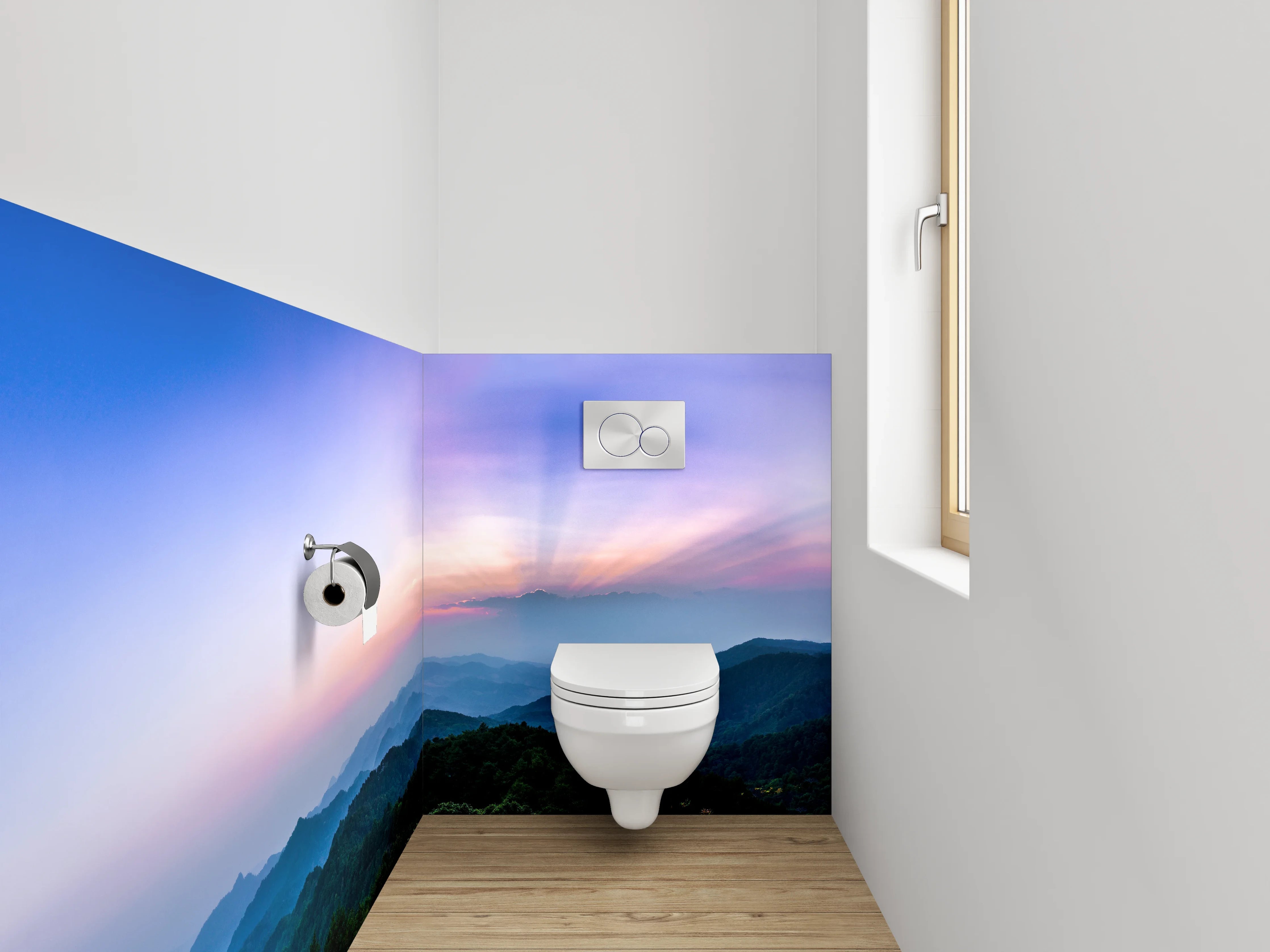 WC-Rückwand - Panorama Sonnenaufgang über Berglandschaft
