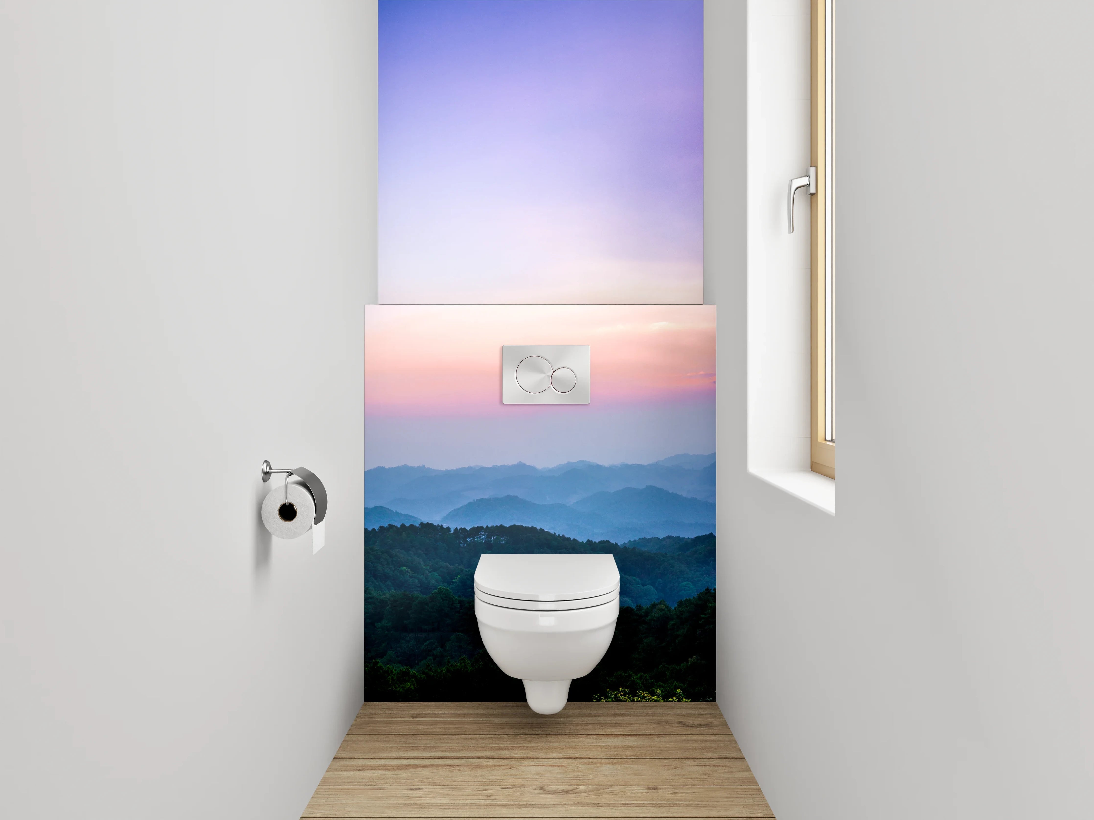 WC-Rückwand - Panorama Sonnenaufgang über Berglandschaft