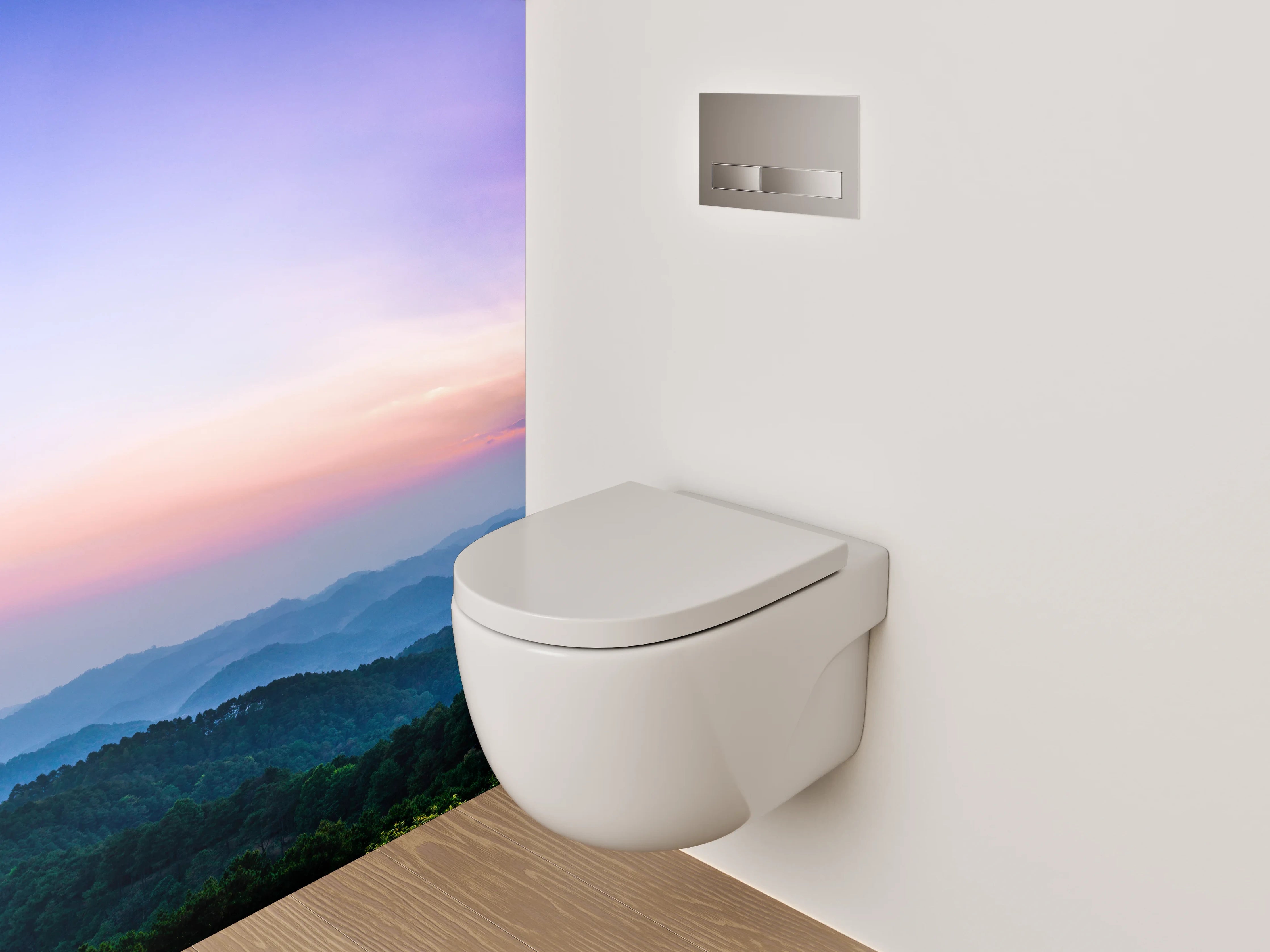 WC-Rückwand - Panorama Sonnenaufgang über Berglandschaft