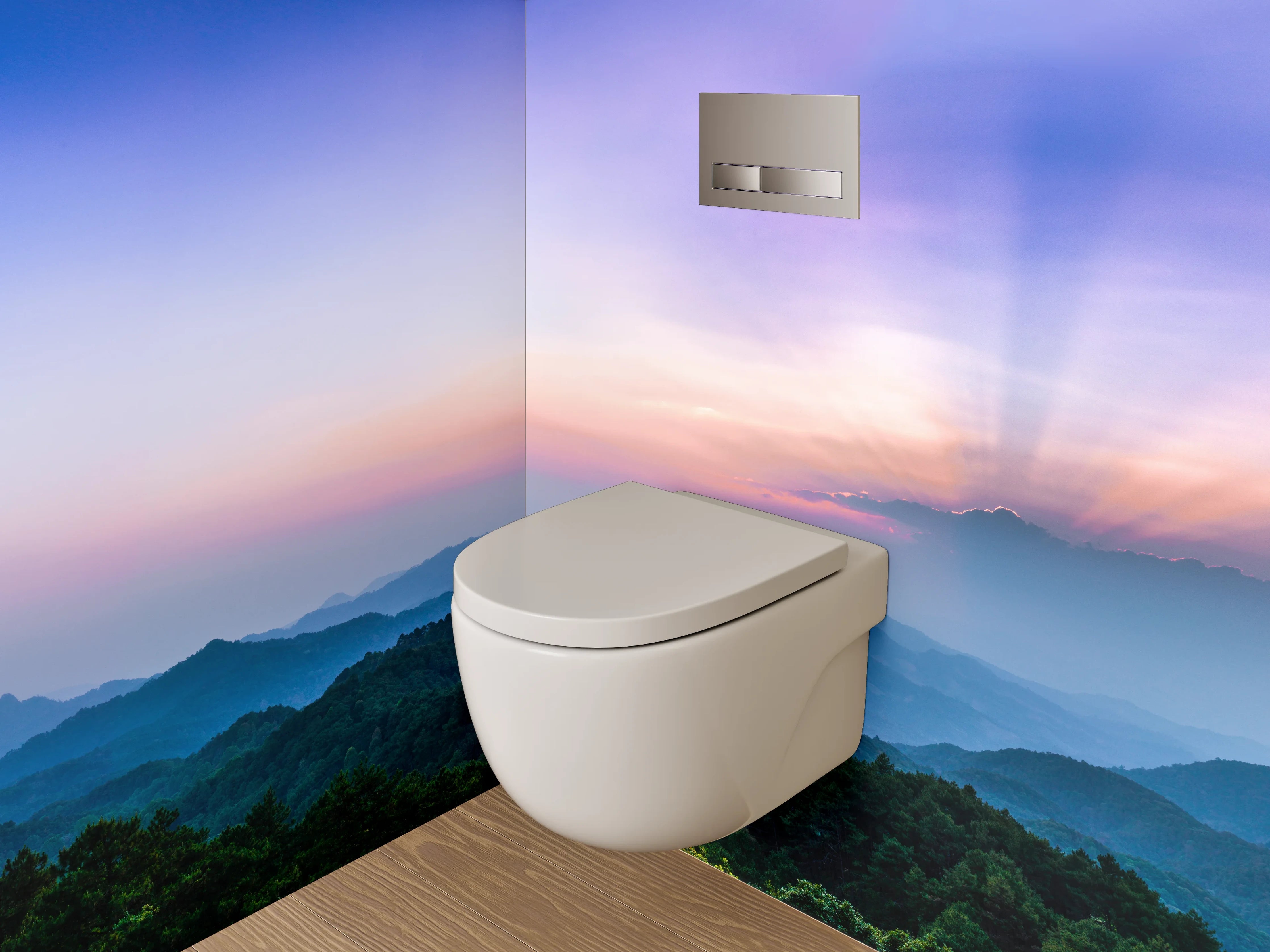 WC-Rückwand - Panorama Sonnenaufgang über Berglandschaft