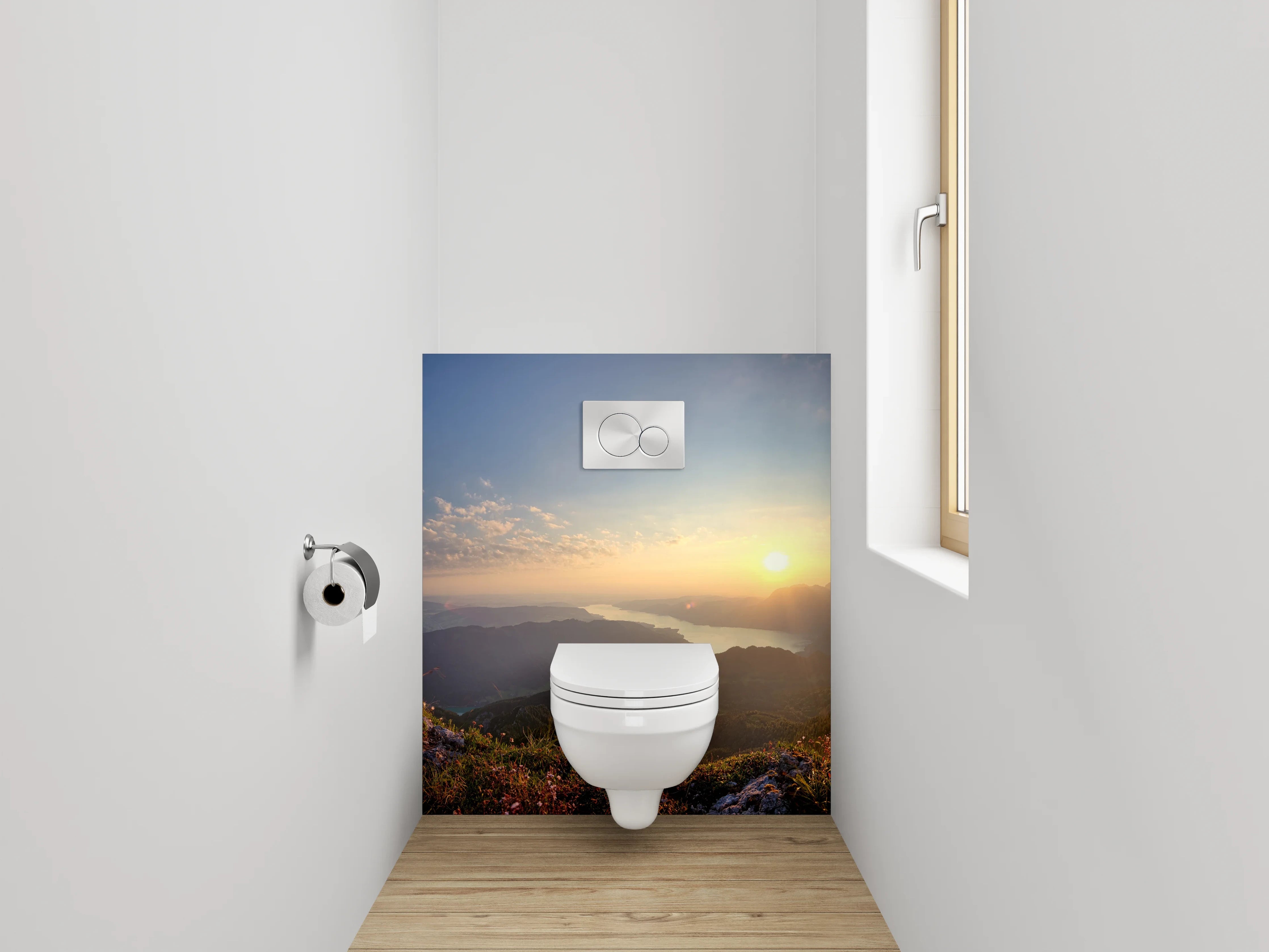 WC-Rückwand - Panorama Sonnenuntergang Berge See