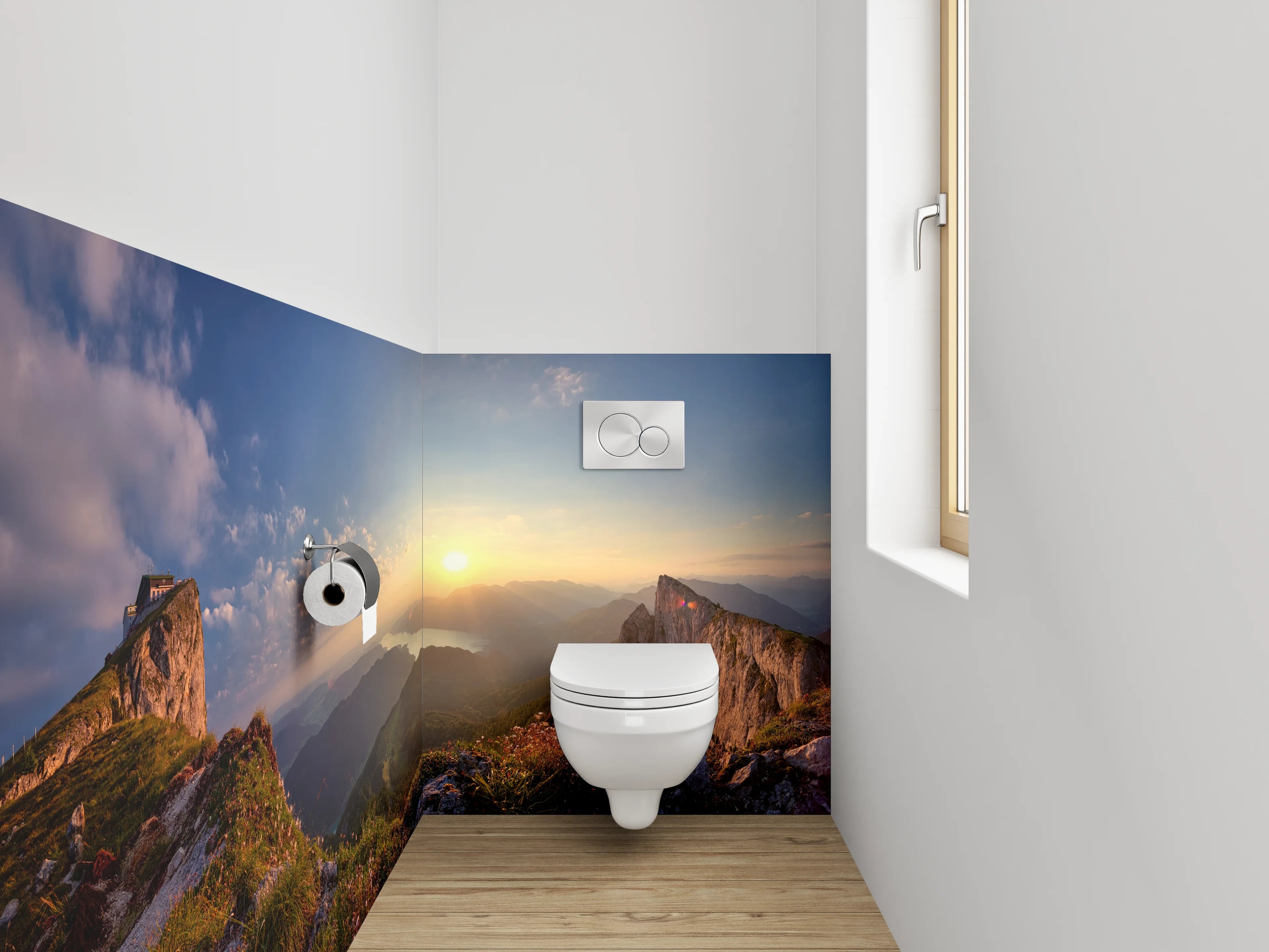 WC-Rückwand - Panorama Sonnenuntergang Berge See