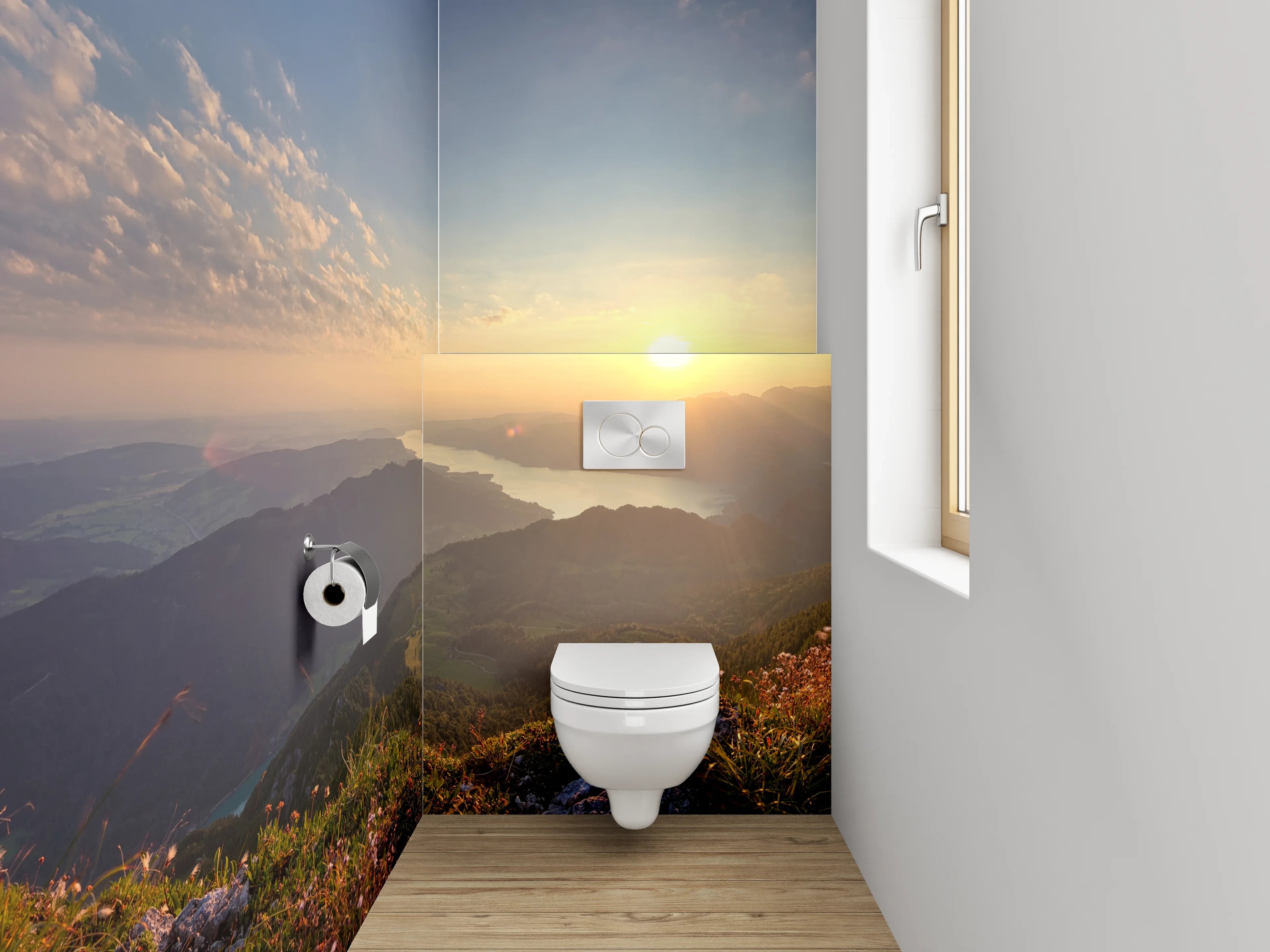 WC-Rückwand - Panorama Sonnenuntergang Berge See