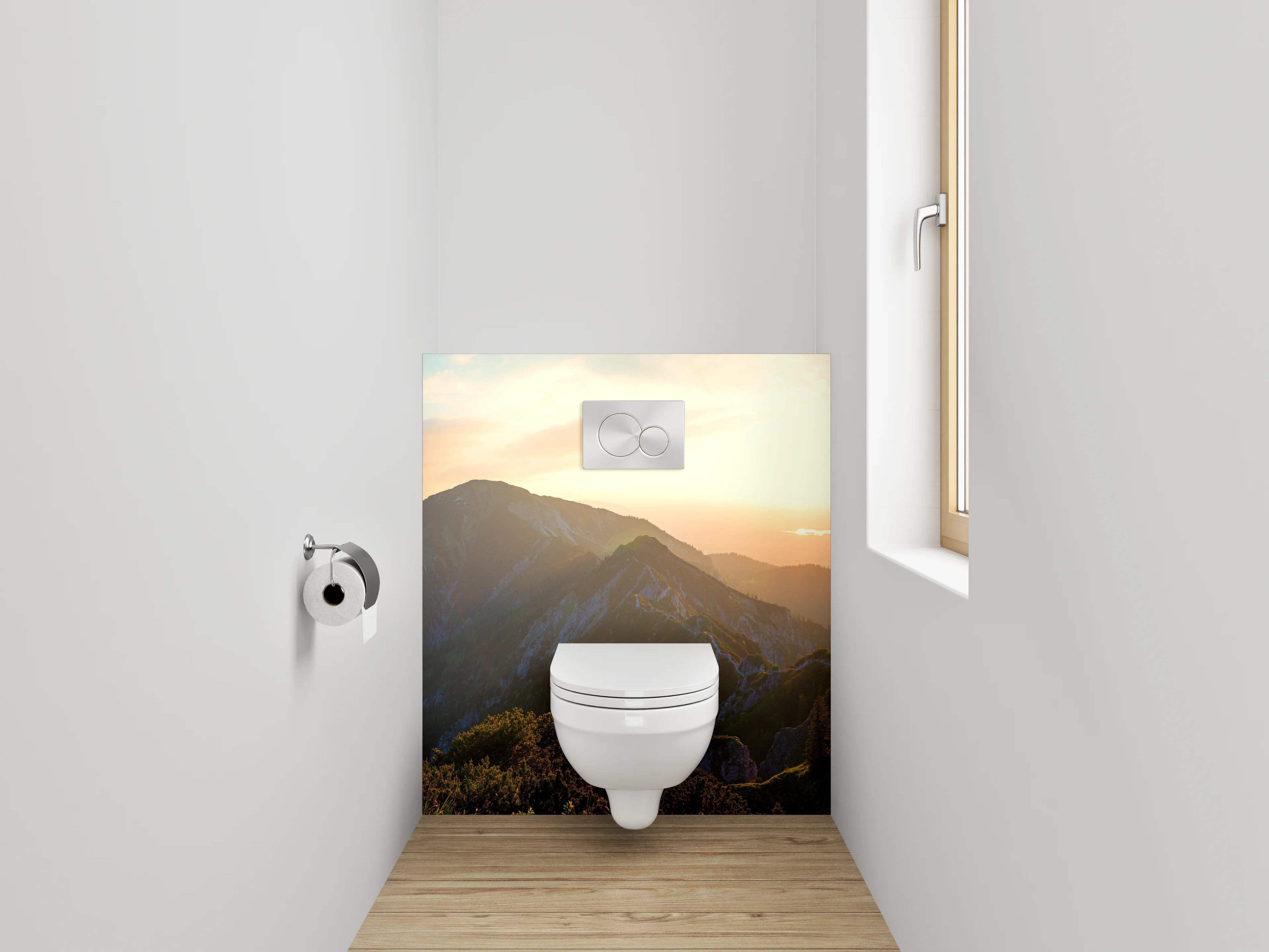WC-Rückwand - Panorama Sonnenuntergang Gebirgslandschaft