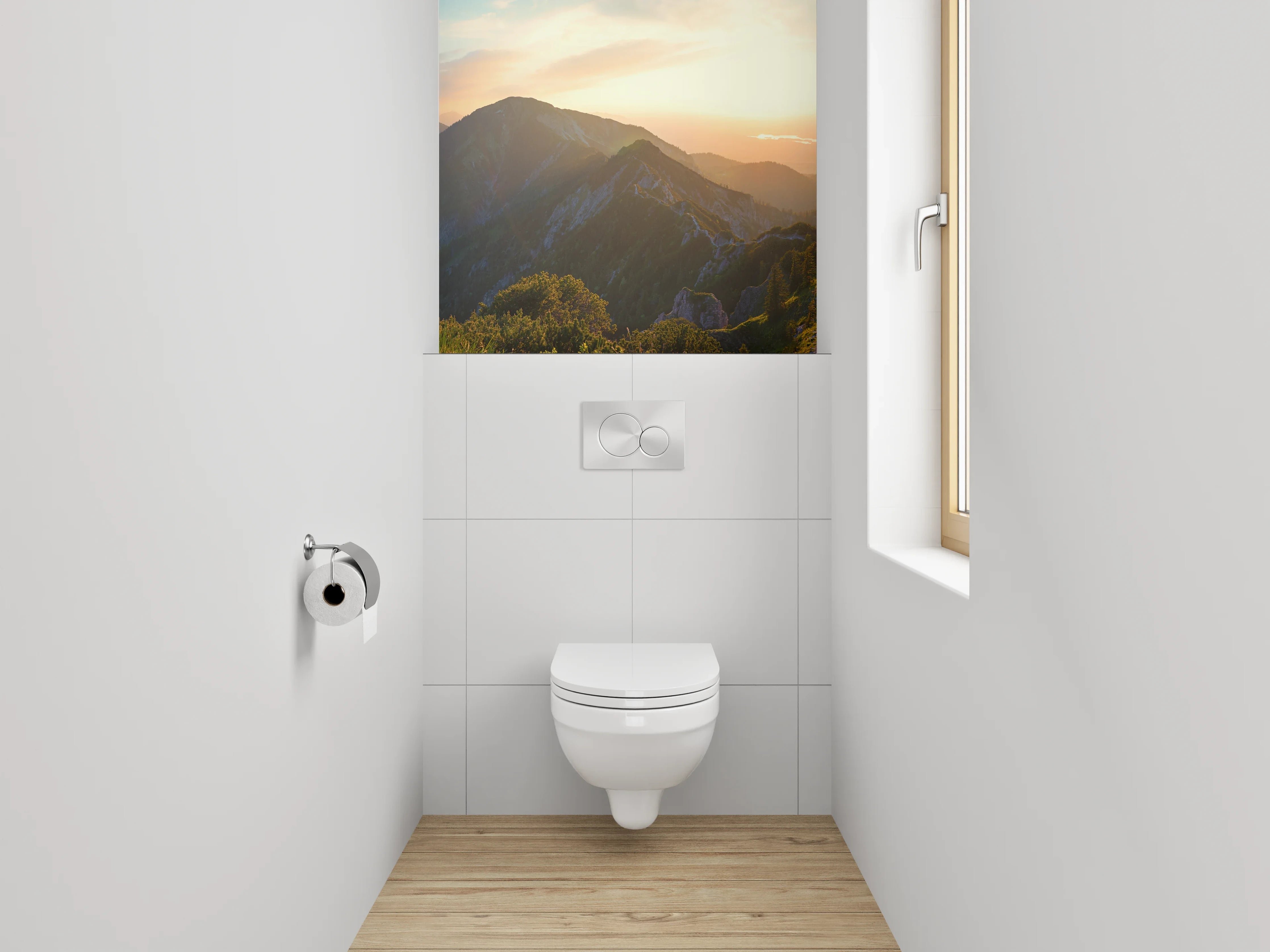 WC-Rückwand - Panorama Sonnenuntergang Gebirgslandschaft