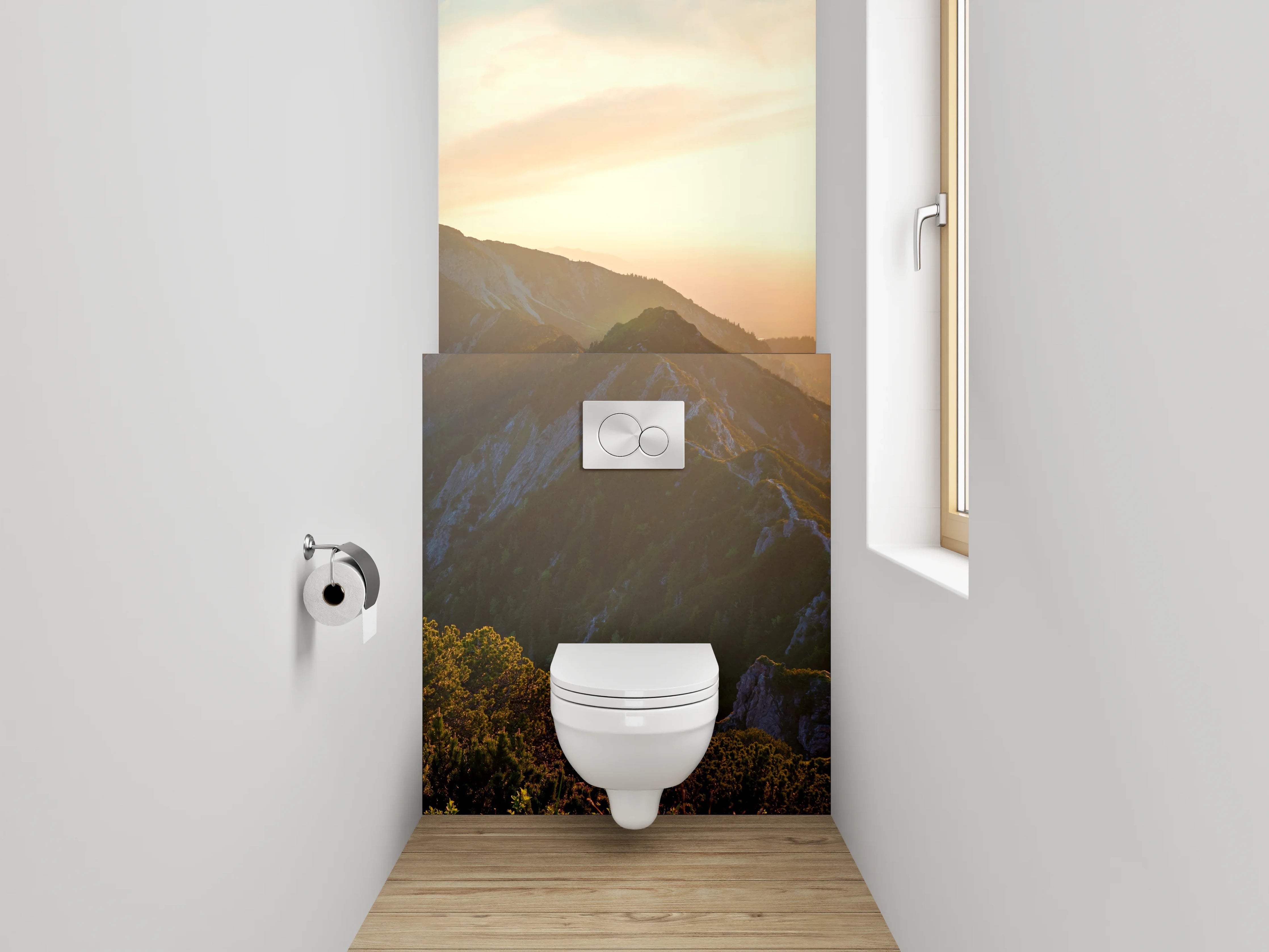 WC-Rückwand - Panorama Sonnenuntergang Gebirgslandschaft