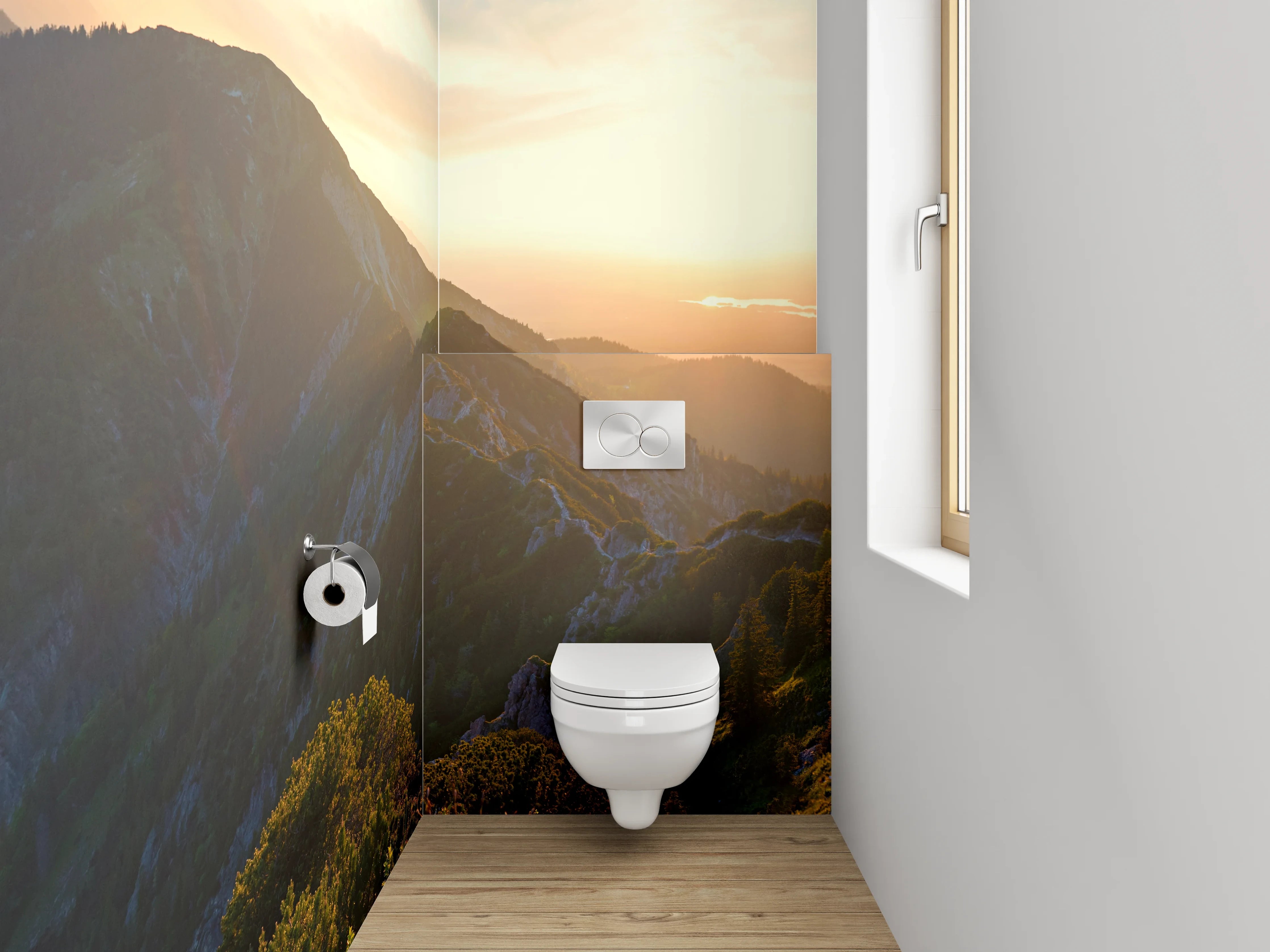 WC-Rückwand - Panorama Sonnenuntergang Gebirgslandschaft
