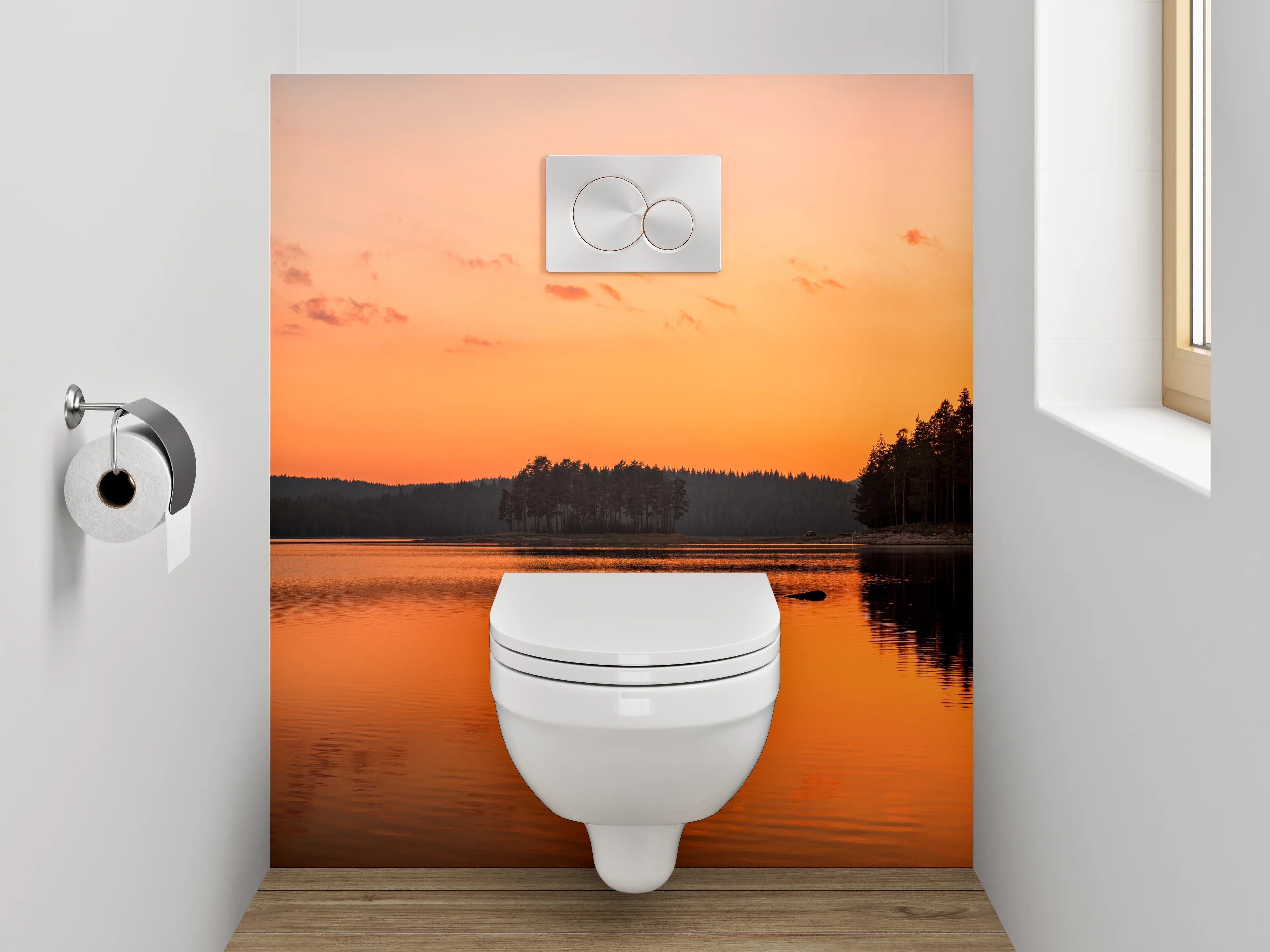 WC-Rückwand - Panorama Sonnenuntergang am Seeufer