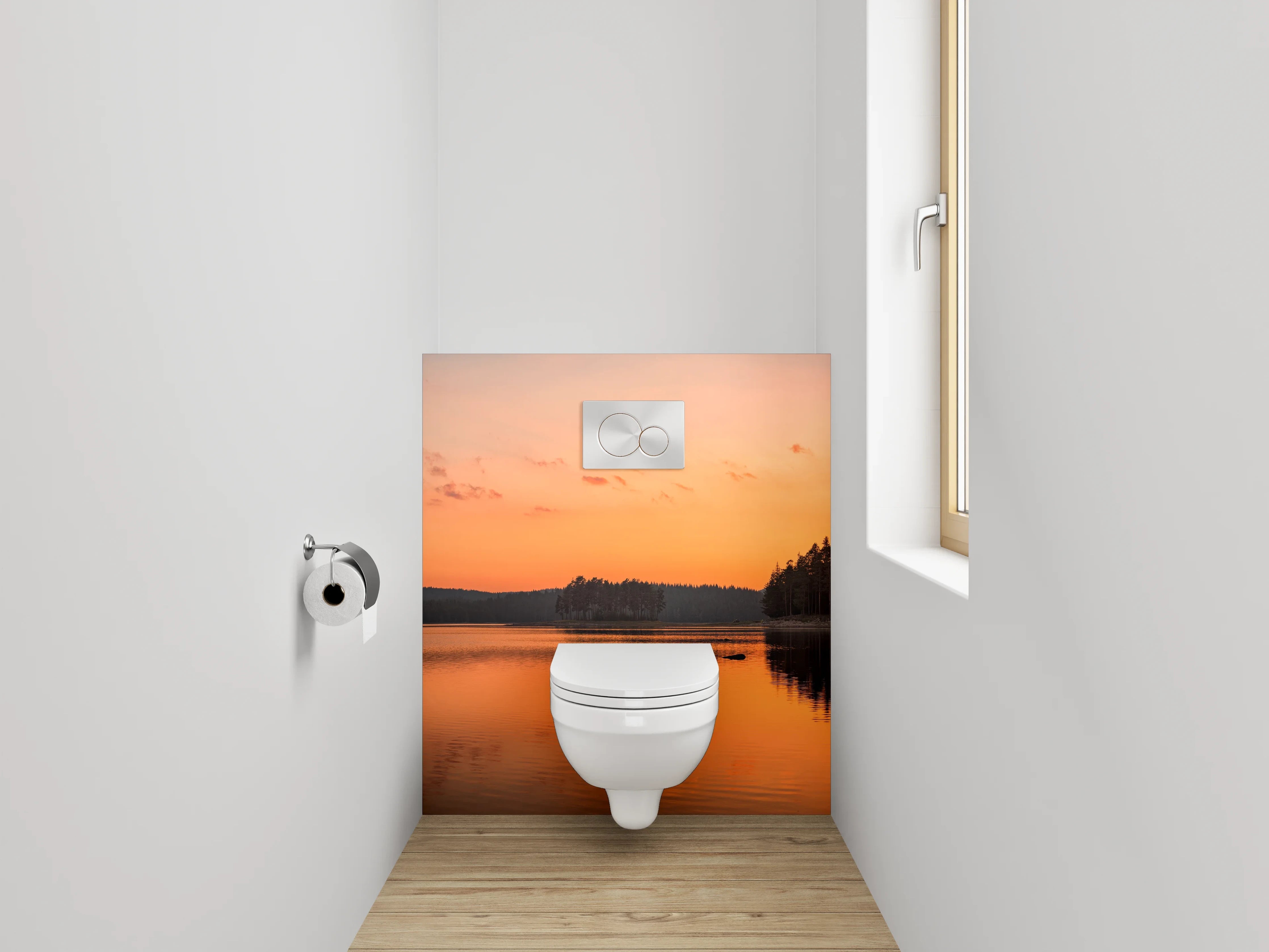 WC-Rückwand - Panorama Sonnenuntergang am Seeufer
