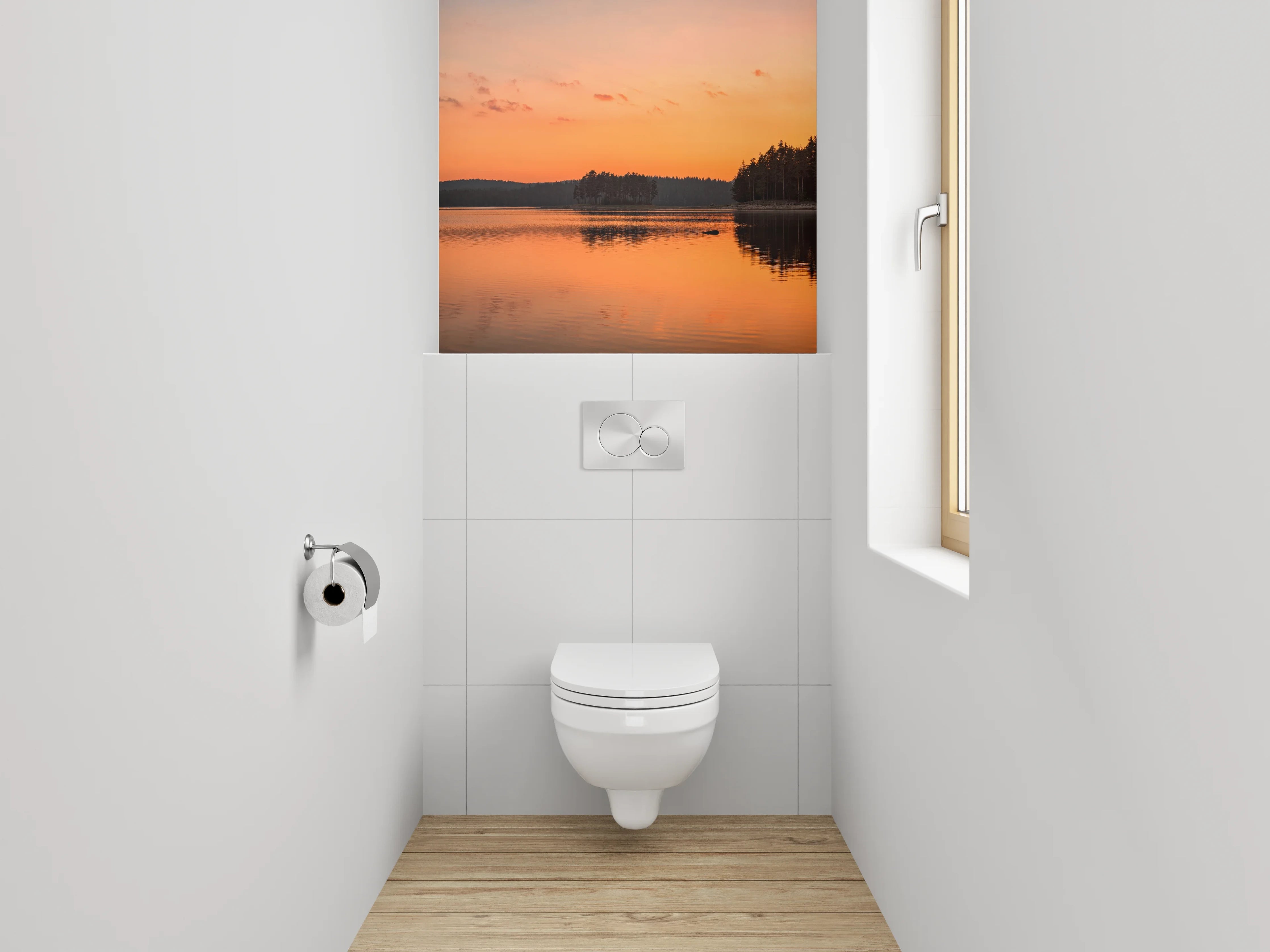 WC-Rückwand - Panorama Sonnenuntergang am Seeufer