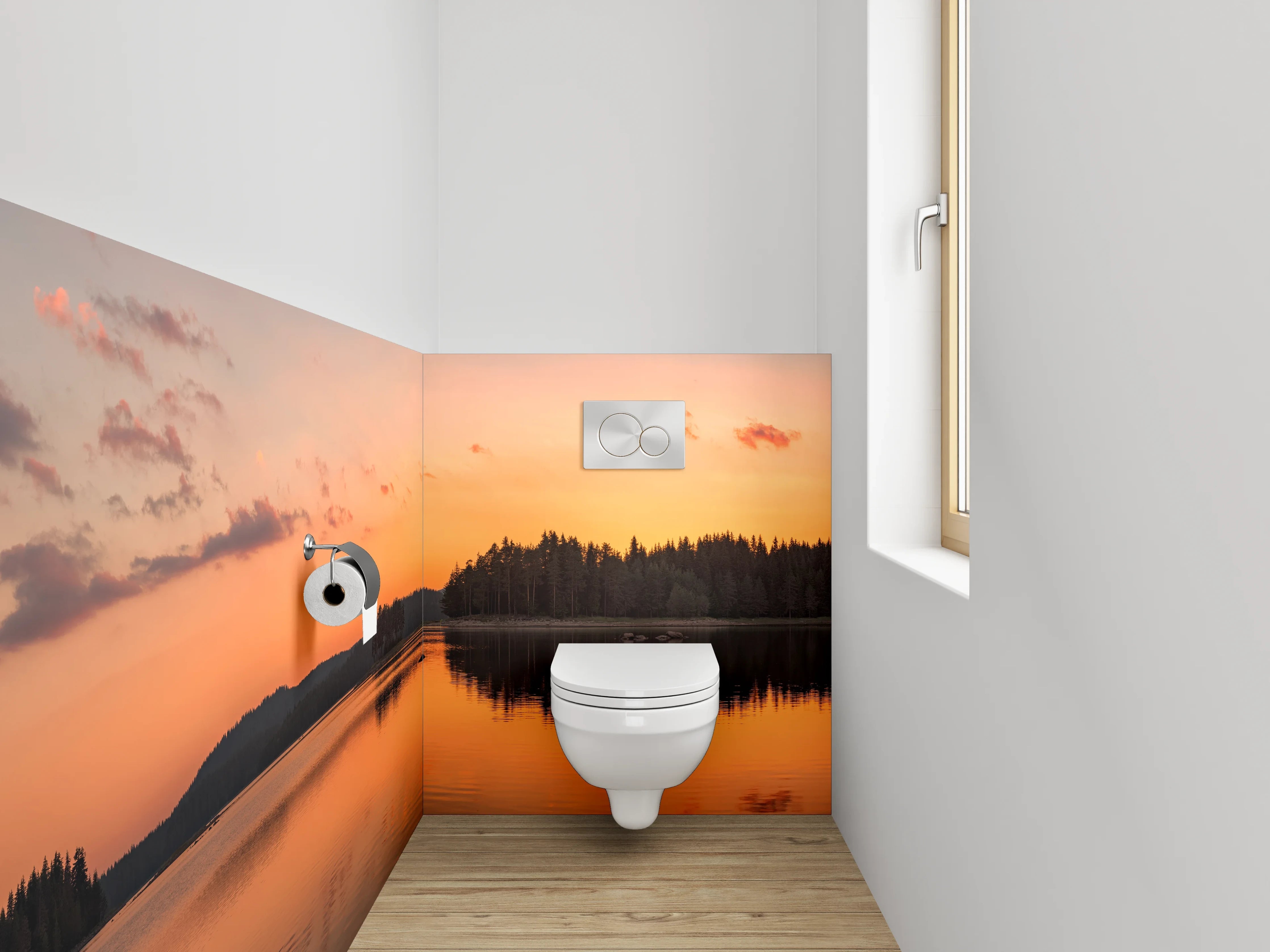 WC-Rückwand - Panorama Sonnenuntergang am Seeufer