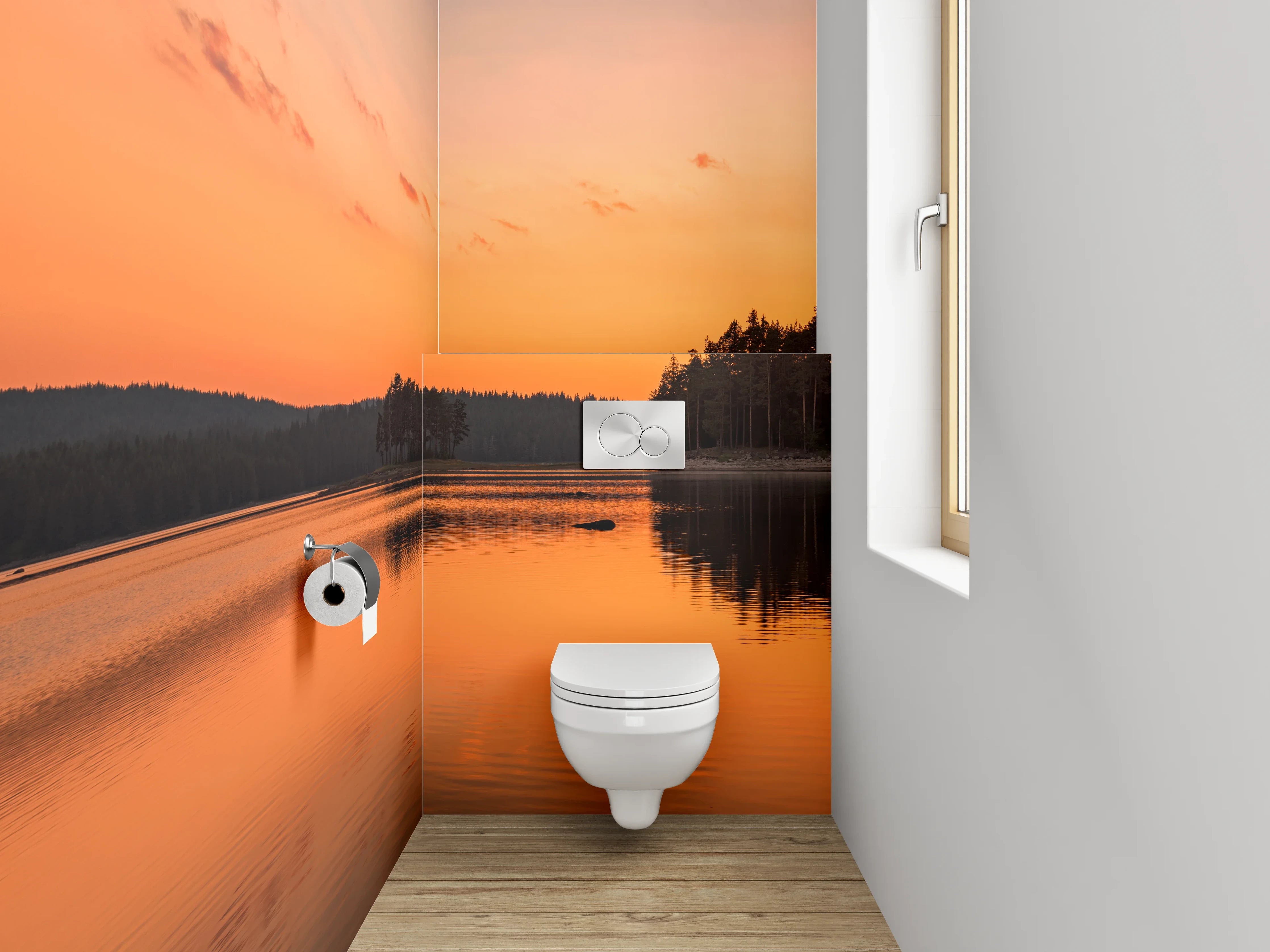 WC-Rückwand - Panorama Sonnenuntergang am Seeufer
