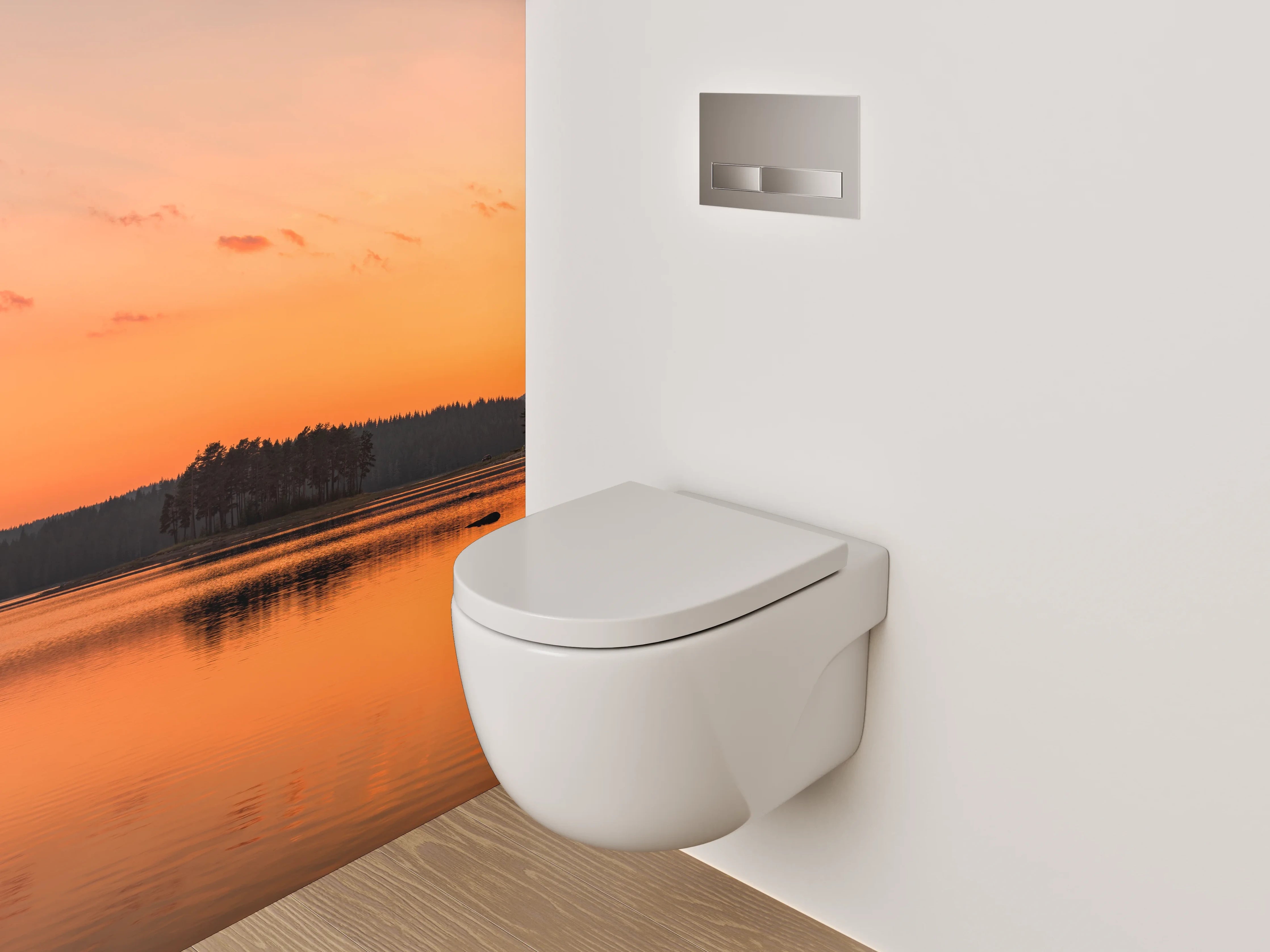 WC-Rückwand - Panorama Sonnenuntergang am Seeufer