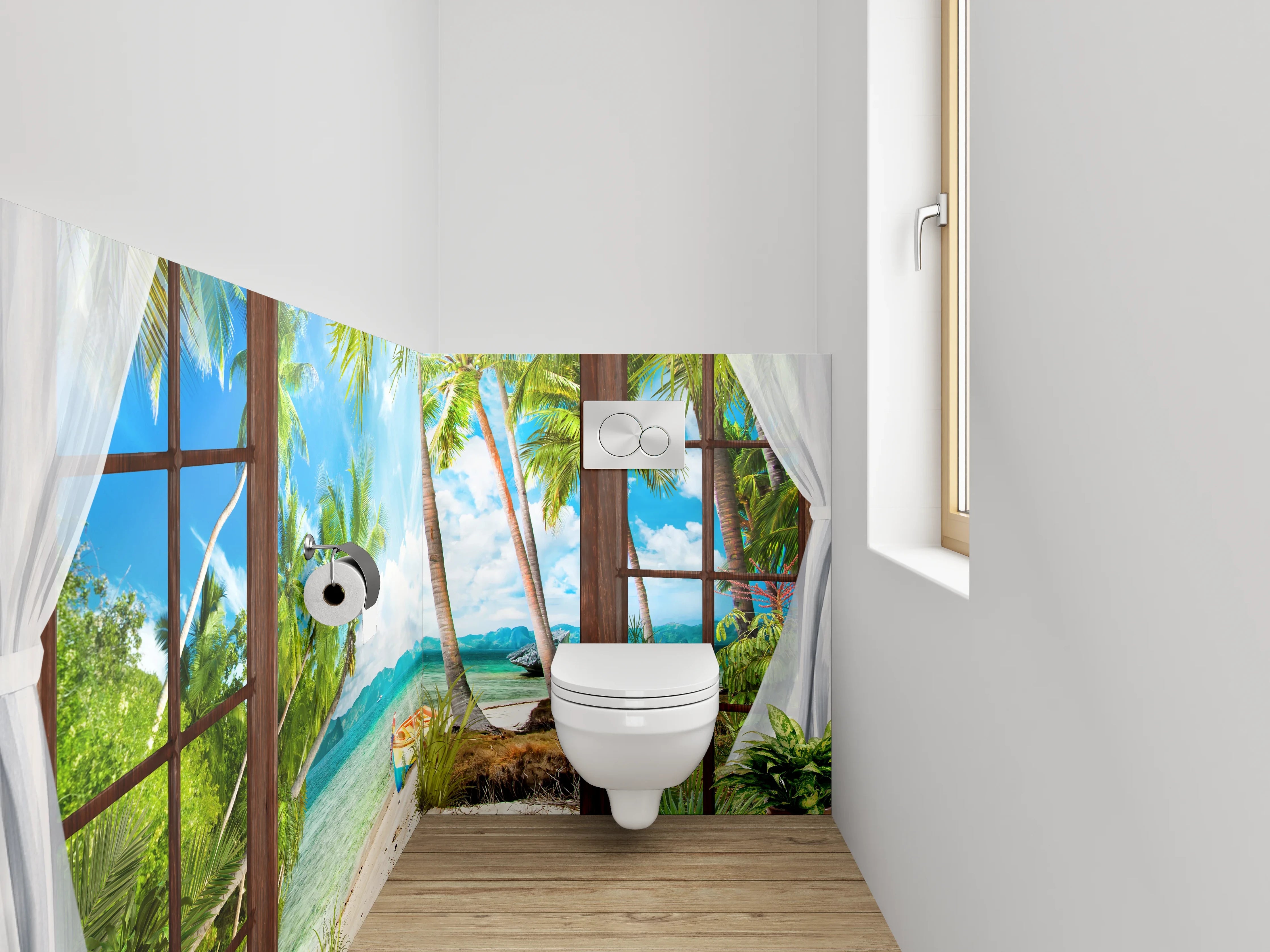 WC-Rückwand - Panorama Strandpalmen mit türkisblauem Meer