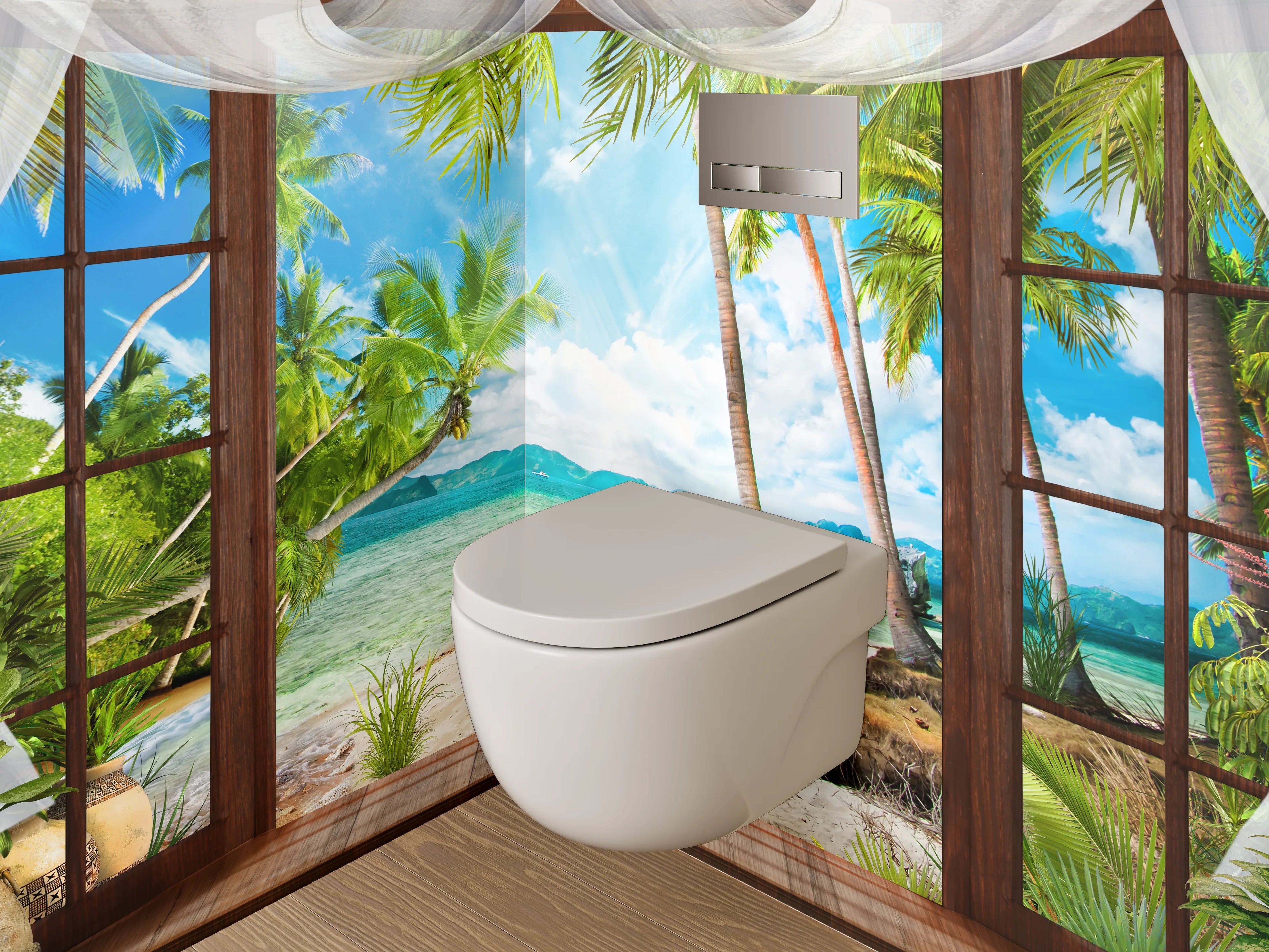 WC-Rückwand - Panorama Strandpalmen mit türkisblauem Meer