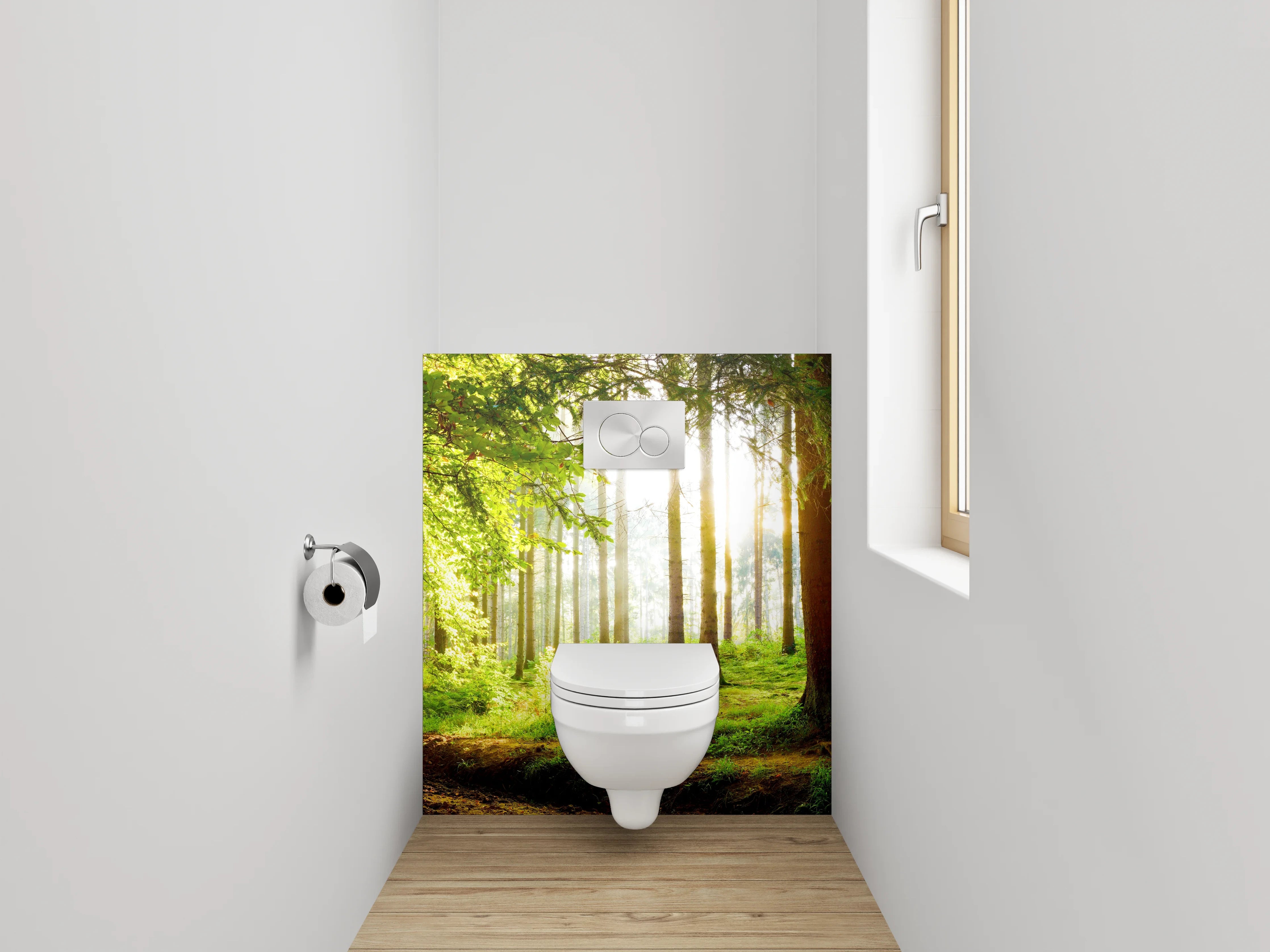 WC-Rückwand - Panorama Wald Sonnenstrahlen Frühling