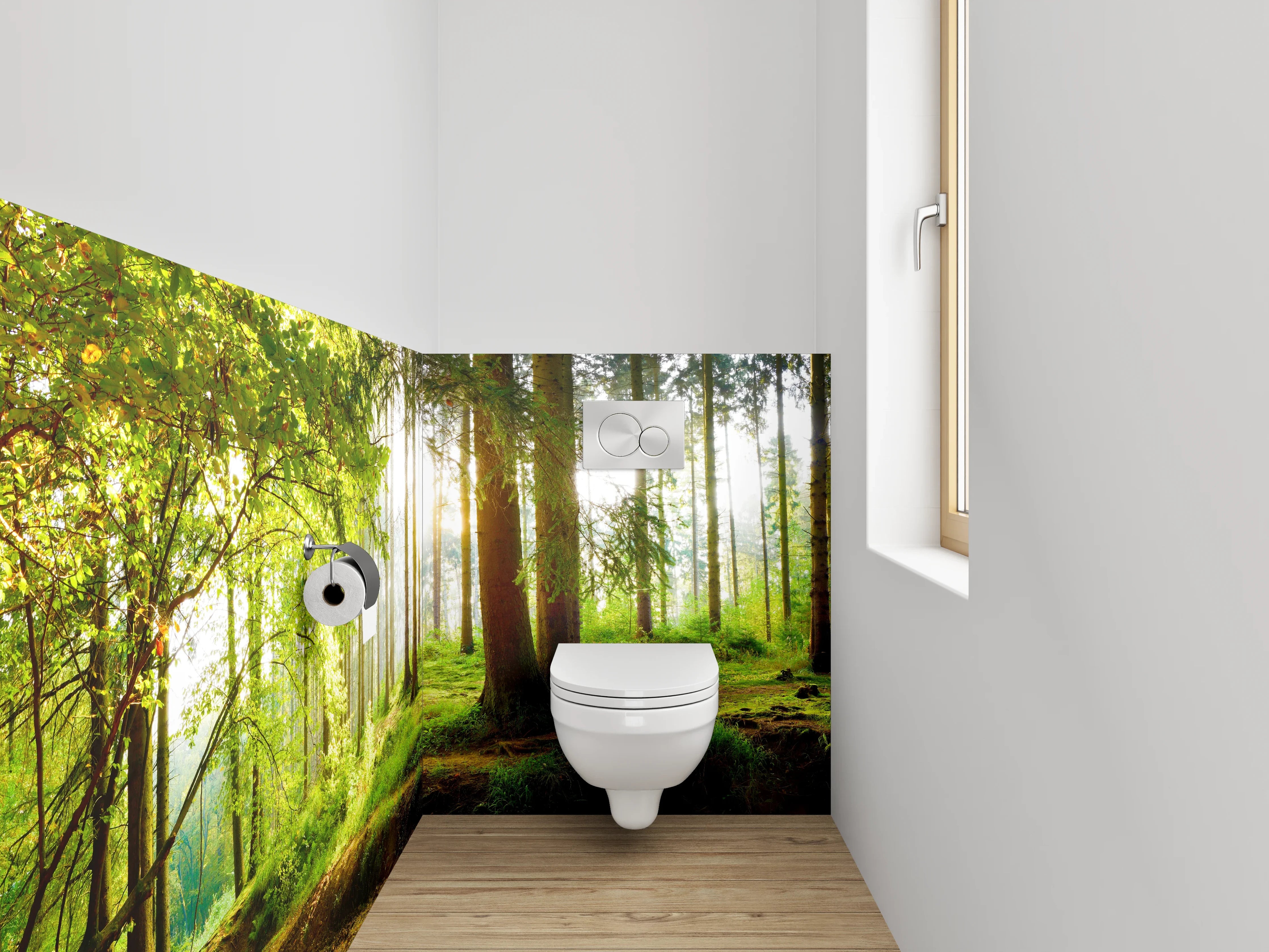 WC-Rückwand - Panorama Wald Sonnenstrahlen Frühling