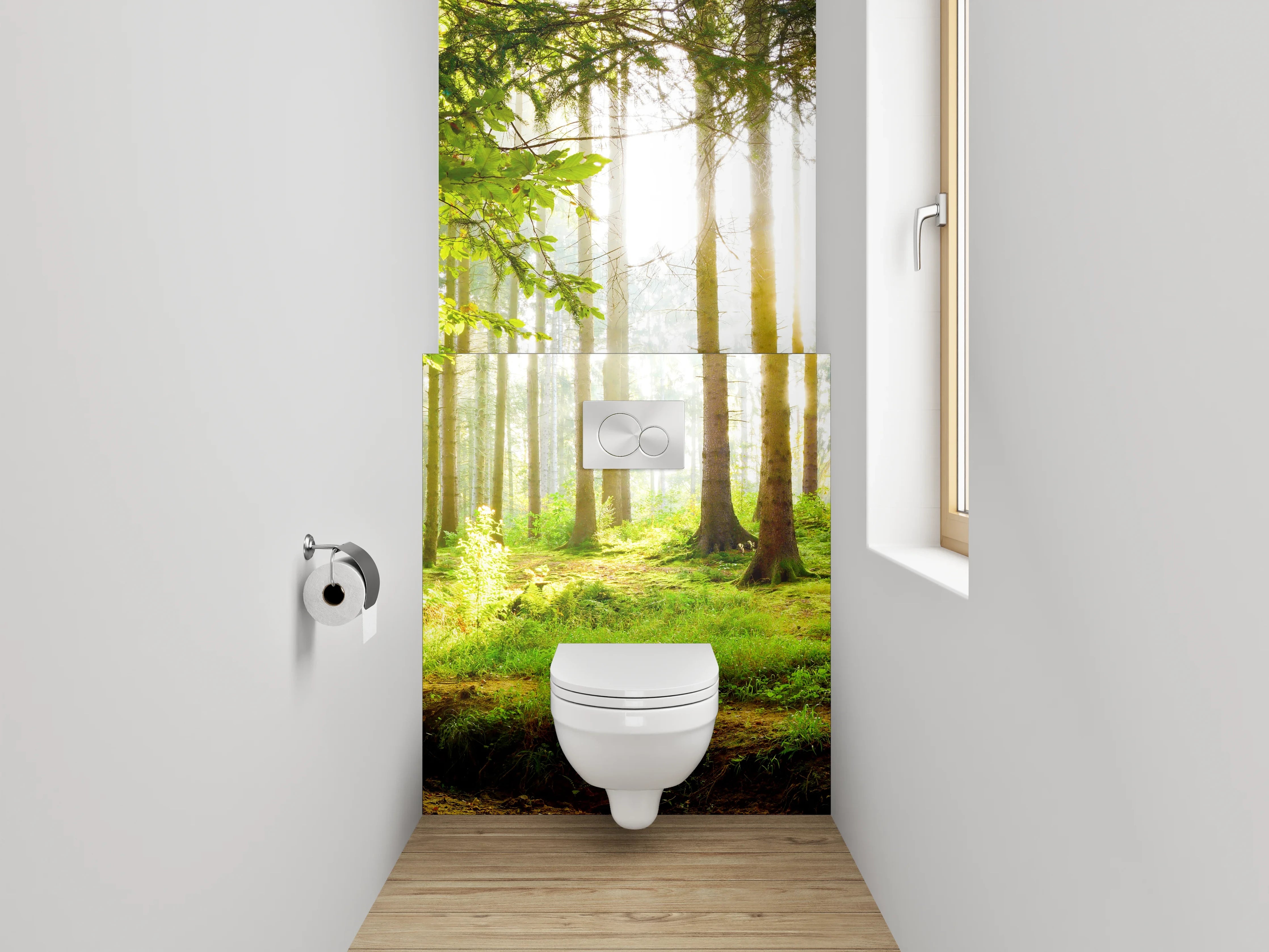 WC-Rückwand - Panorama Wald Sonnenstrahlen Frühling
