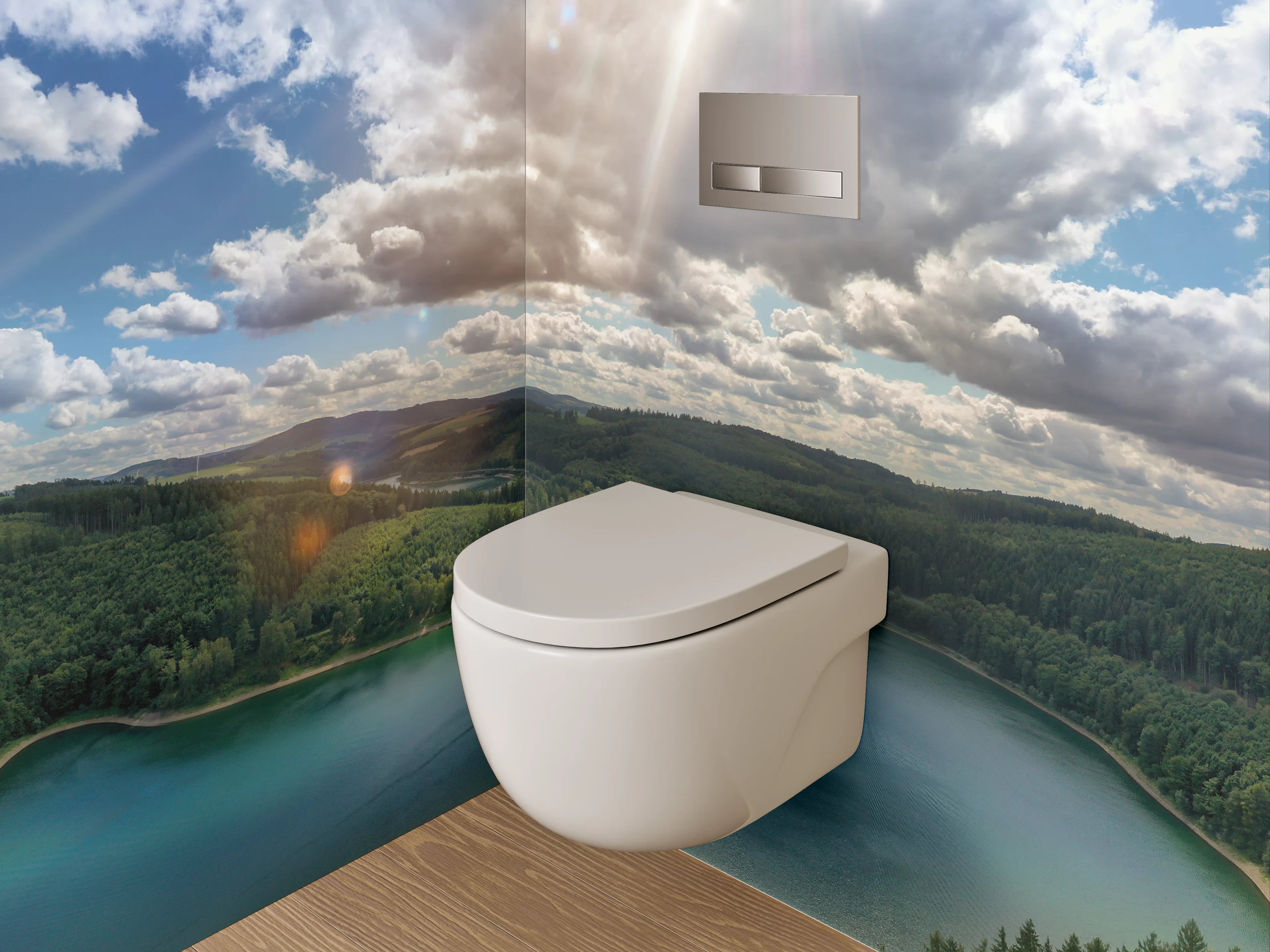 WC-Rückwand - Panorama-Waldsee unter Wolkenhimmel