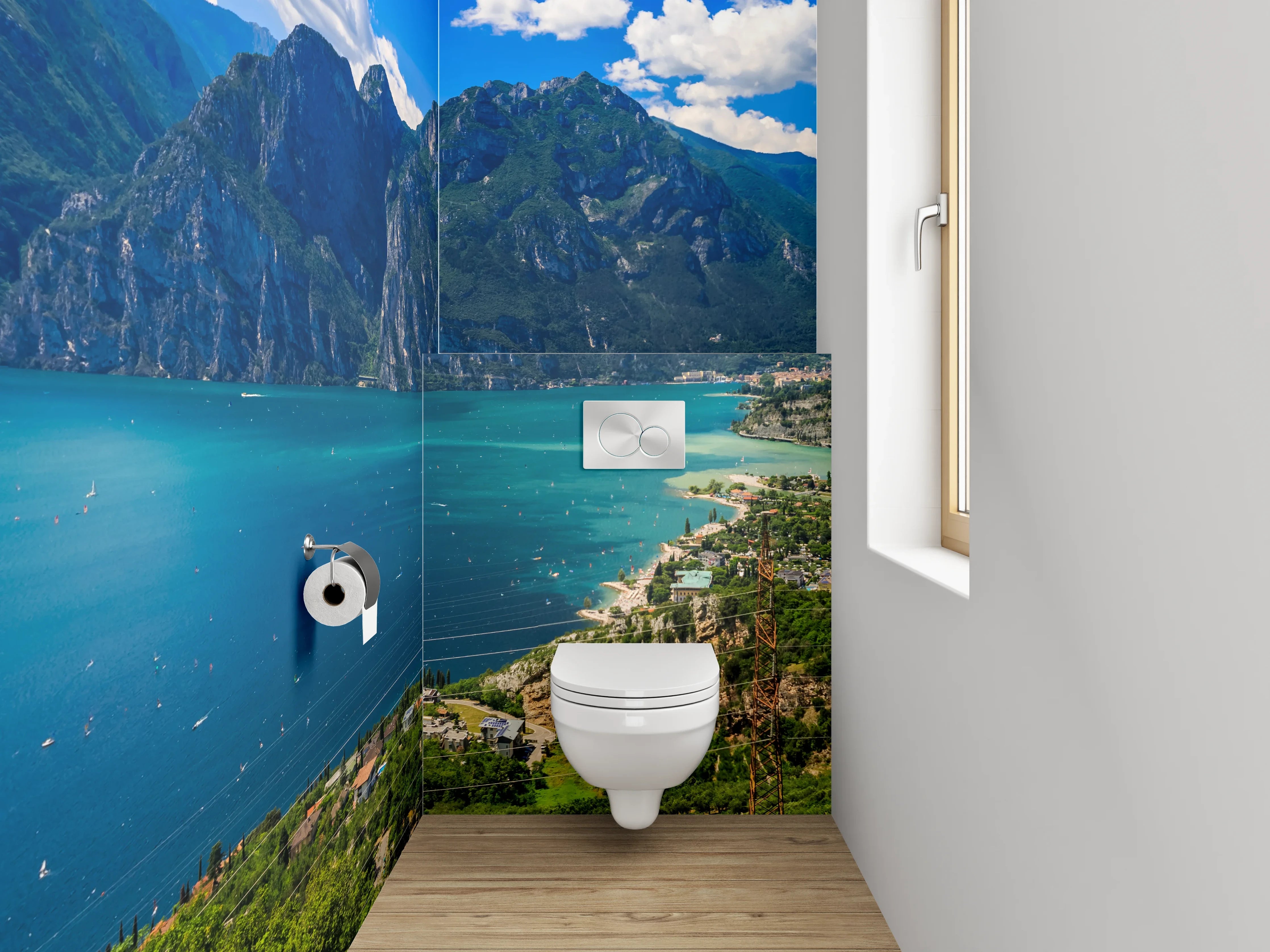 WC-Rückwand - Panoramablick Gardasee mit Bergen