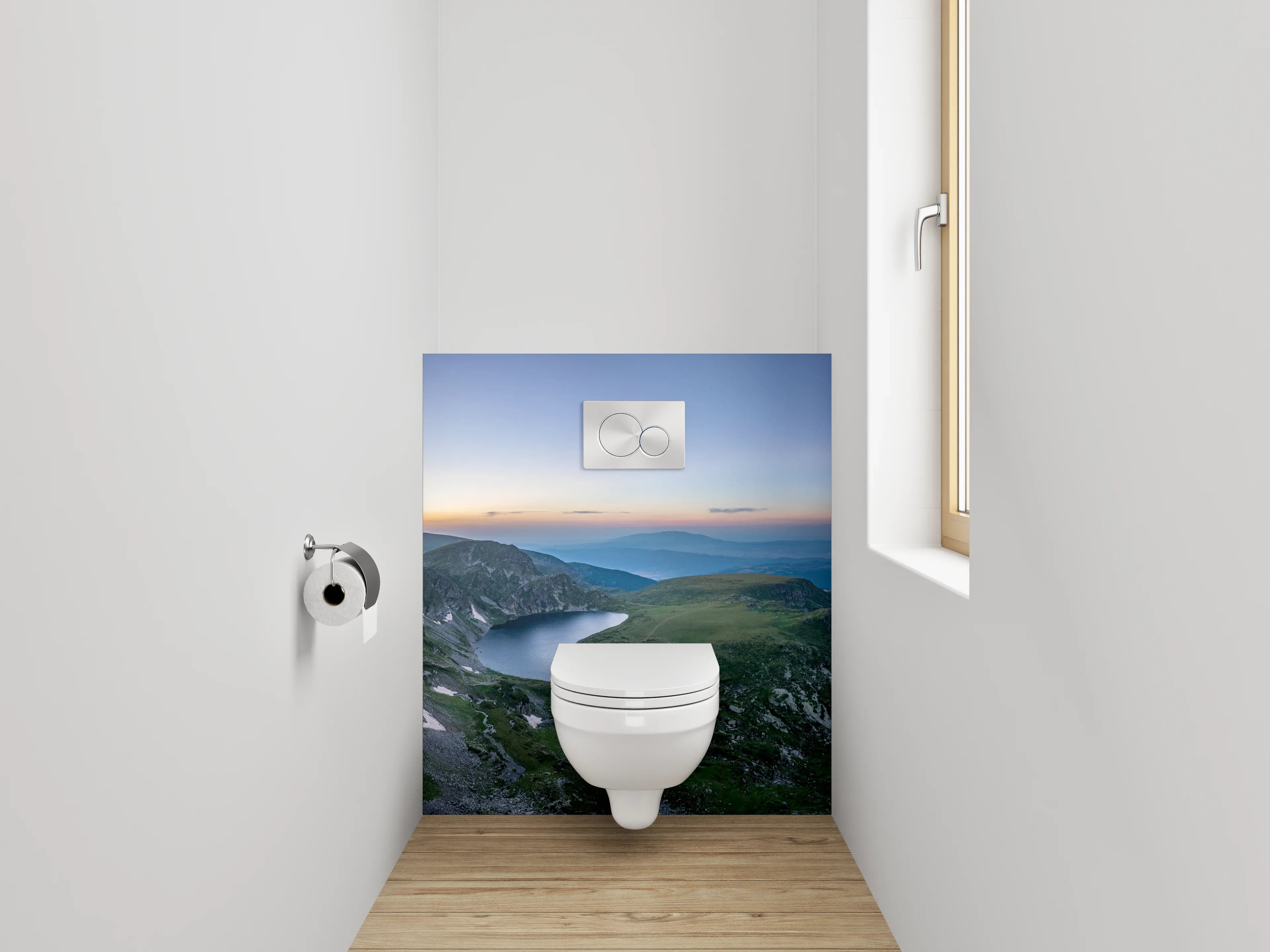 WC-Rückwand - Panoramablick auf Gebirgsseen im Morgenlicht