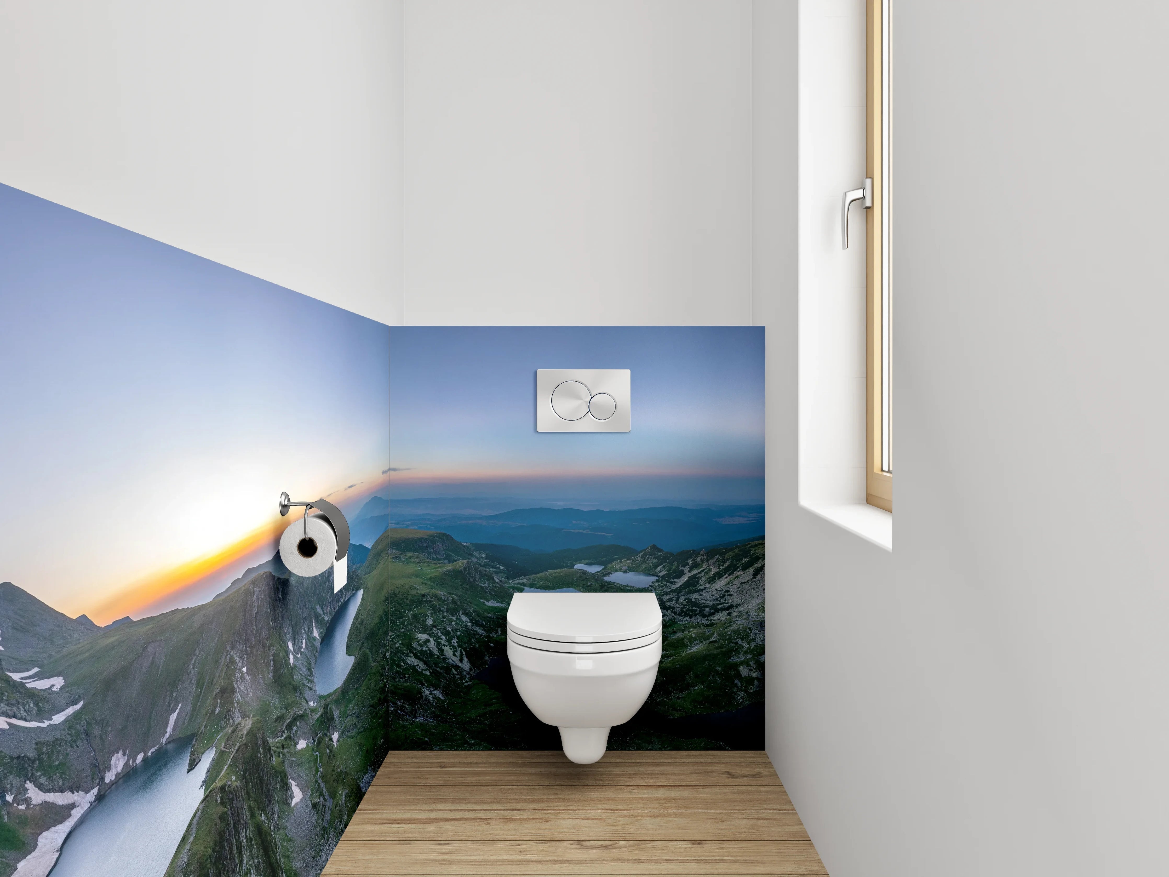 WC-Rückwand - Panoramablick auf Gebirgsseen im Morgenlicht