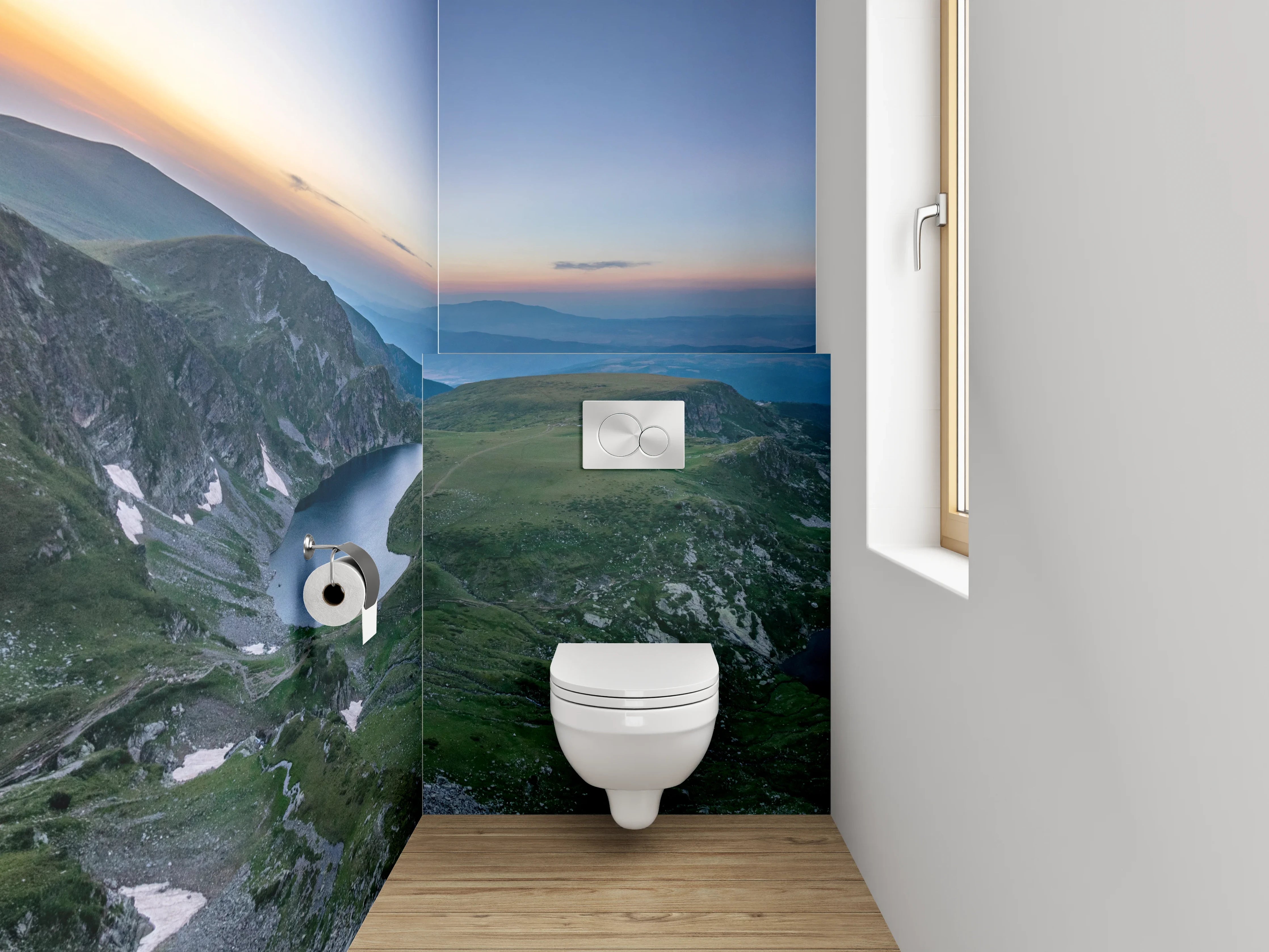 WC-Rückwand - Panoramablick auf Gebirgsseen im Morgenlicht
