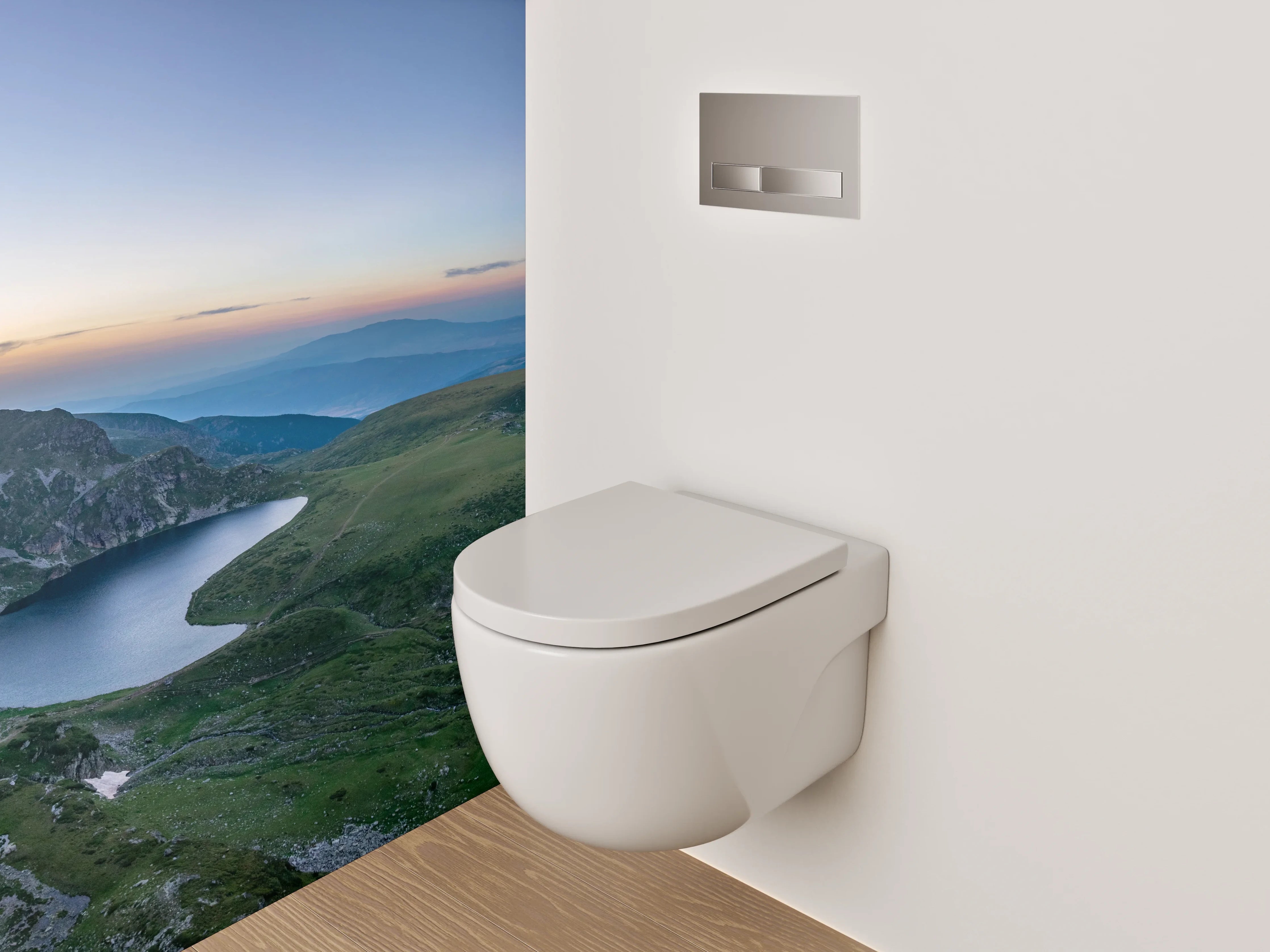 WC-Rückwand - Panoramablick auf Gebirgsseen im Morgenlicht