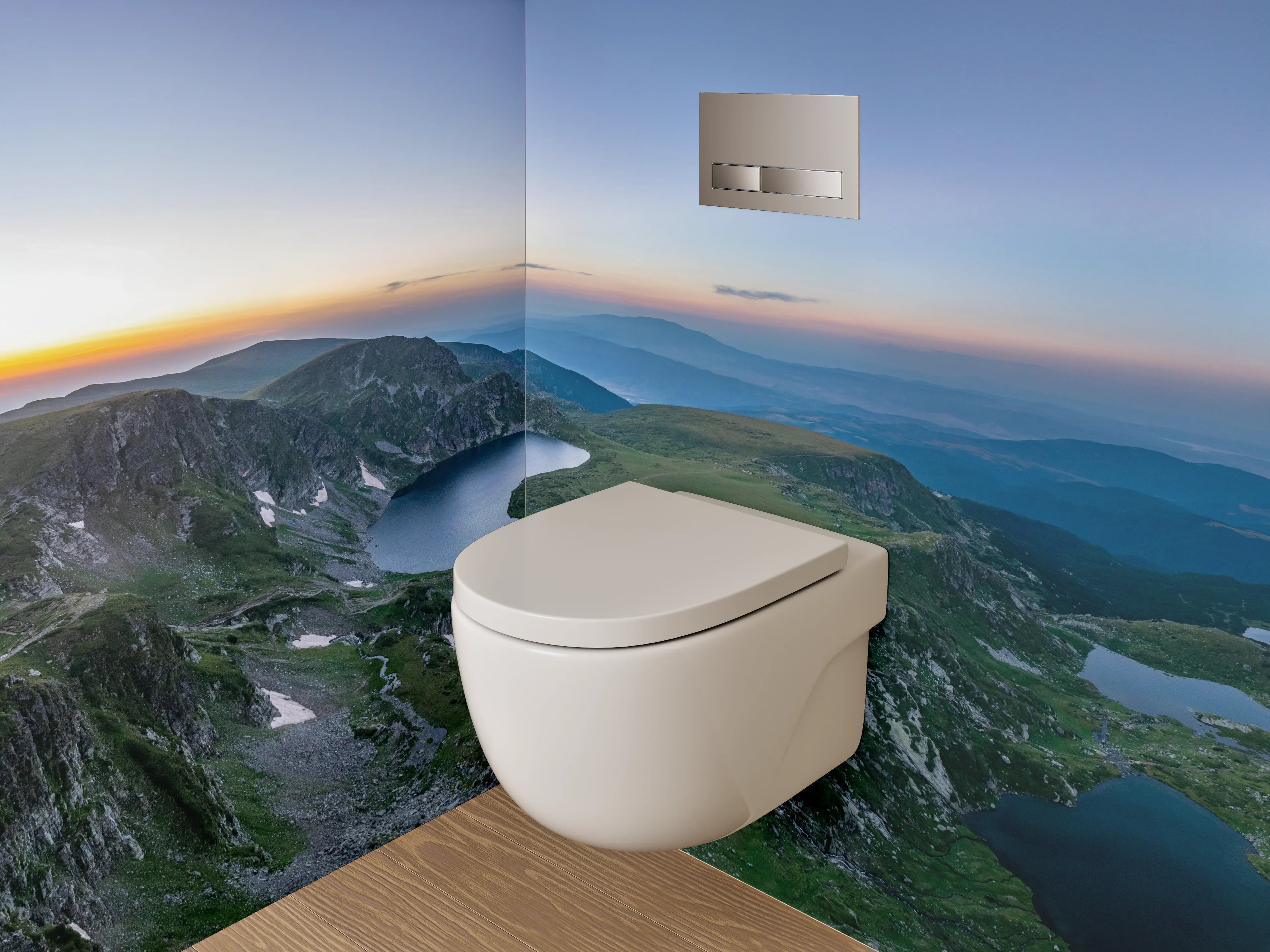 WC-Rückwand - Panoramablick auf Gebirgsseen im Morgenlicht