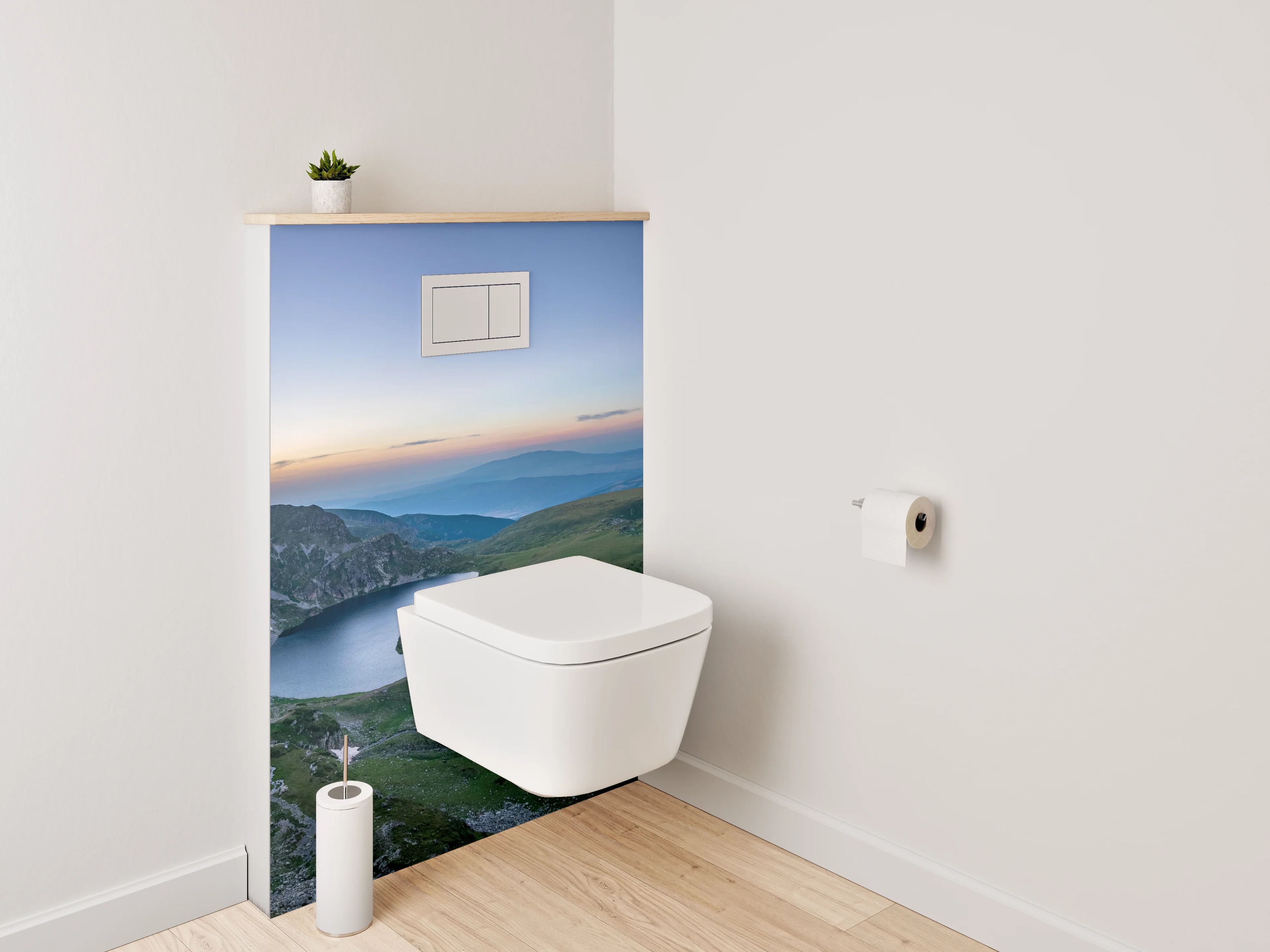 WC-Rückwand - Panoramablick auf Gebirgsseen im Morgenlicht