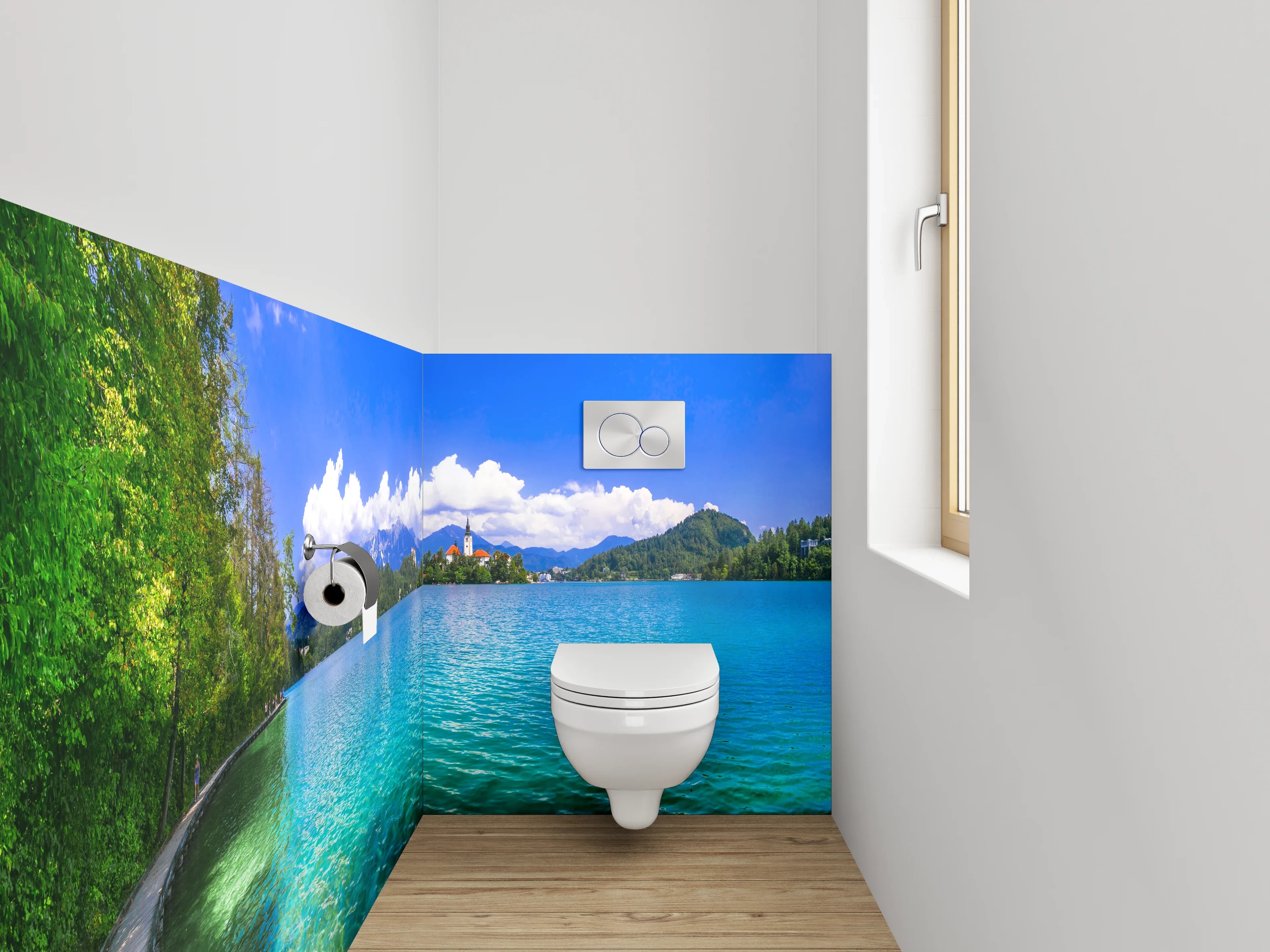WC-Rückwand - Panoramablick auf türkisblauen Bergsee