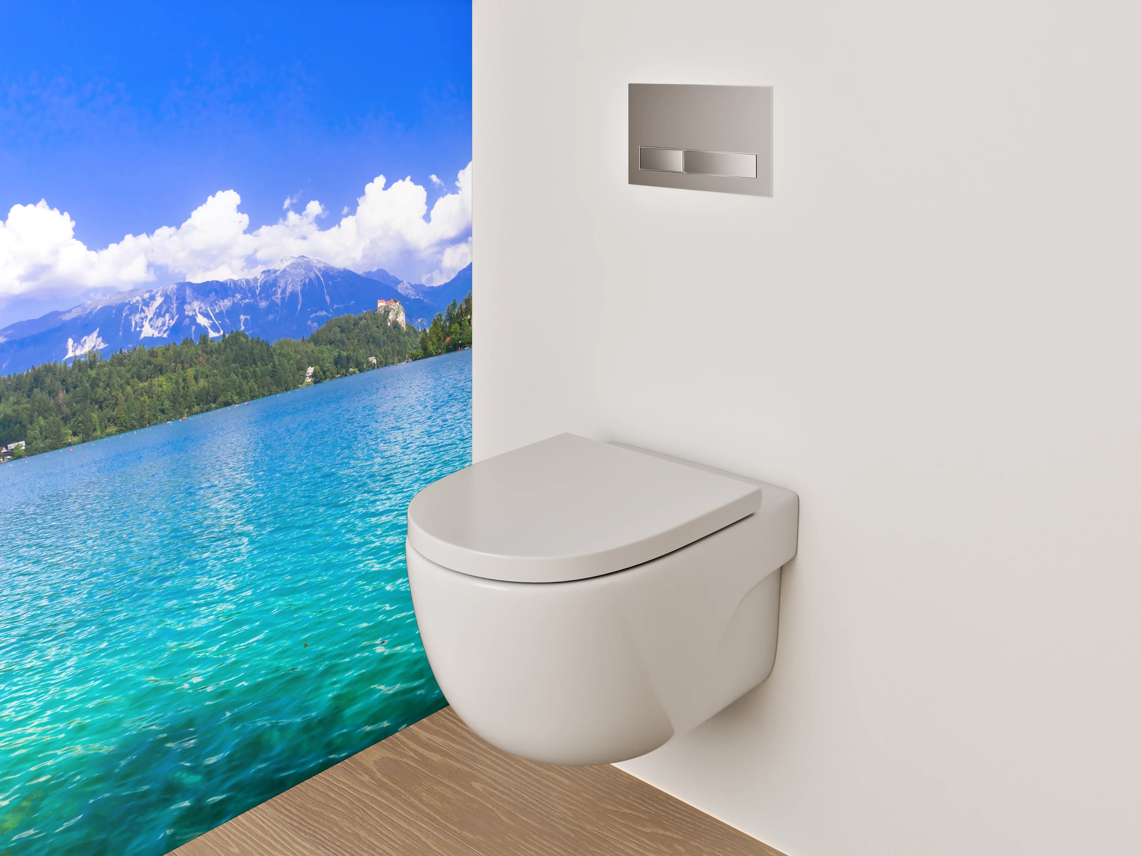WC-Rückwand - Panoramablick auf türkisblauen Bergsee
