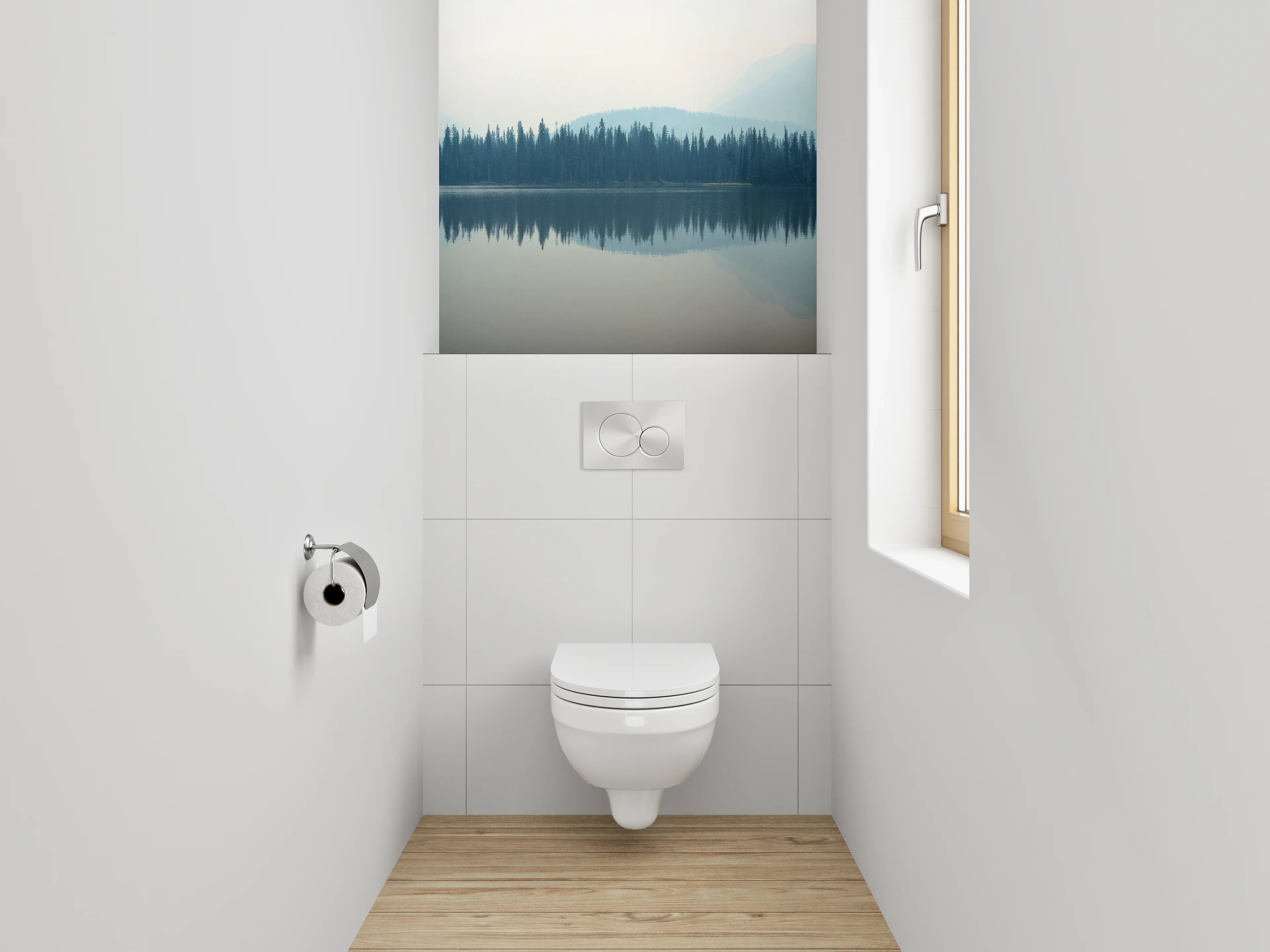WC-Rückwand - Panoramablick ruhiger See und Wald