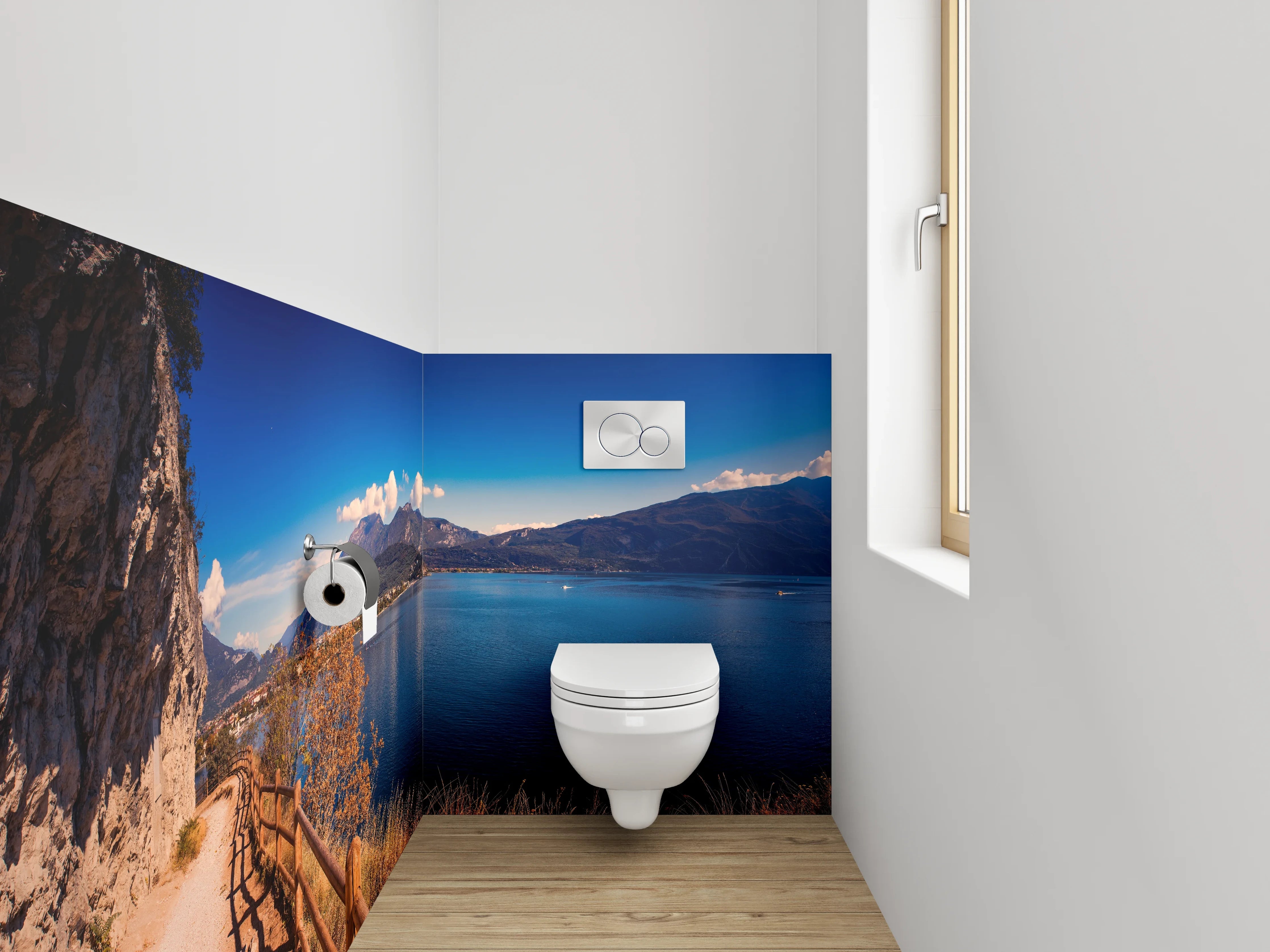 WC-Rückwand - Panoramaweg am See mit Bergen